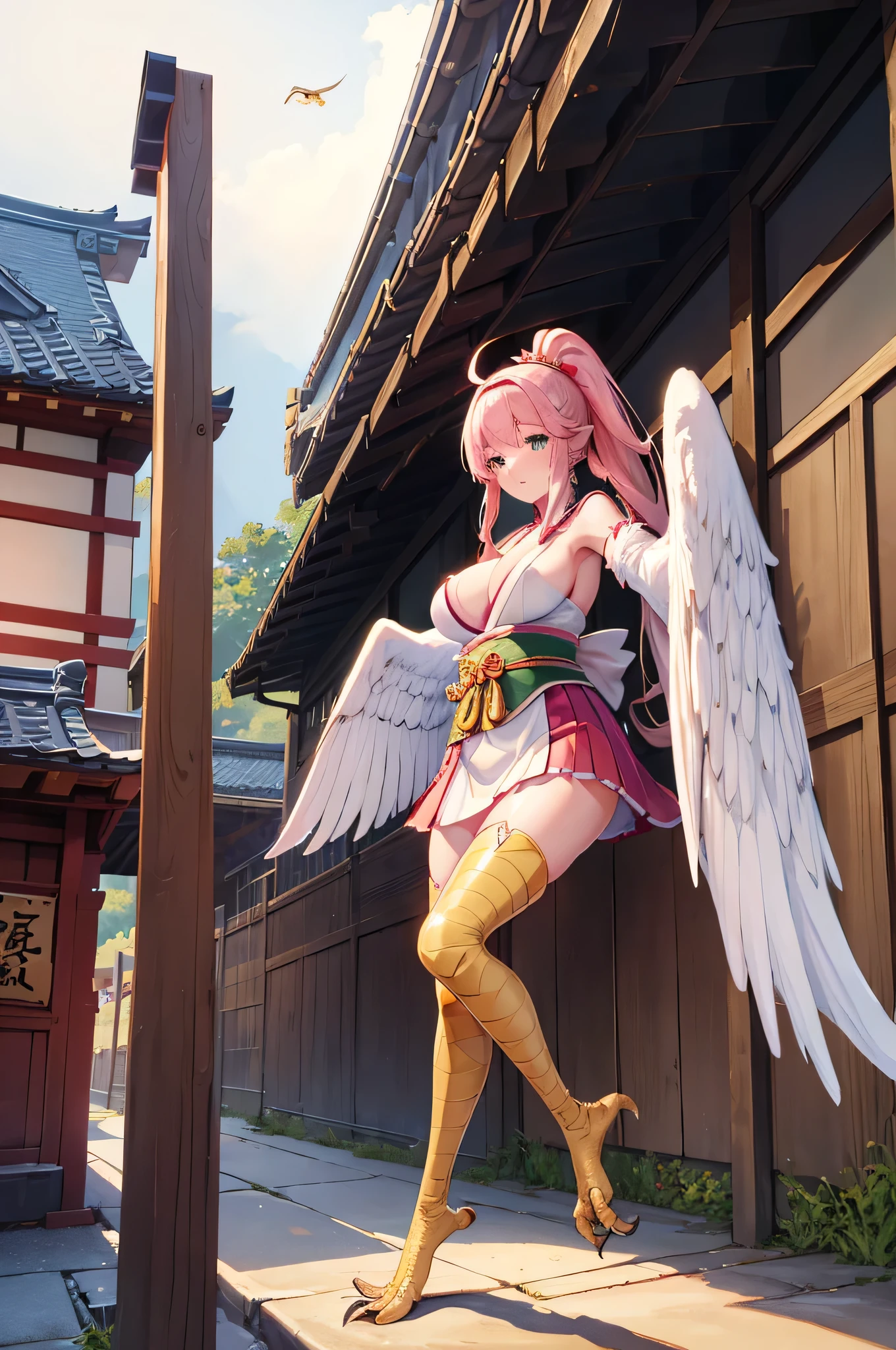 4K,High resolution,One Woman,Harpy,Pink Hair,Short Ponytail,Green Eyes,Big Breasts,White Wings,Golden toenails,Shrine maiden,White Shrine maiden outfit,hair band,Japanese Village