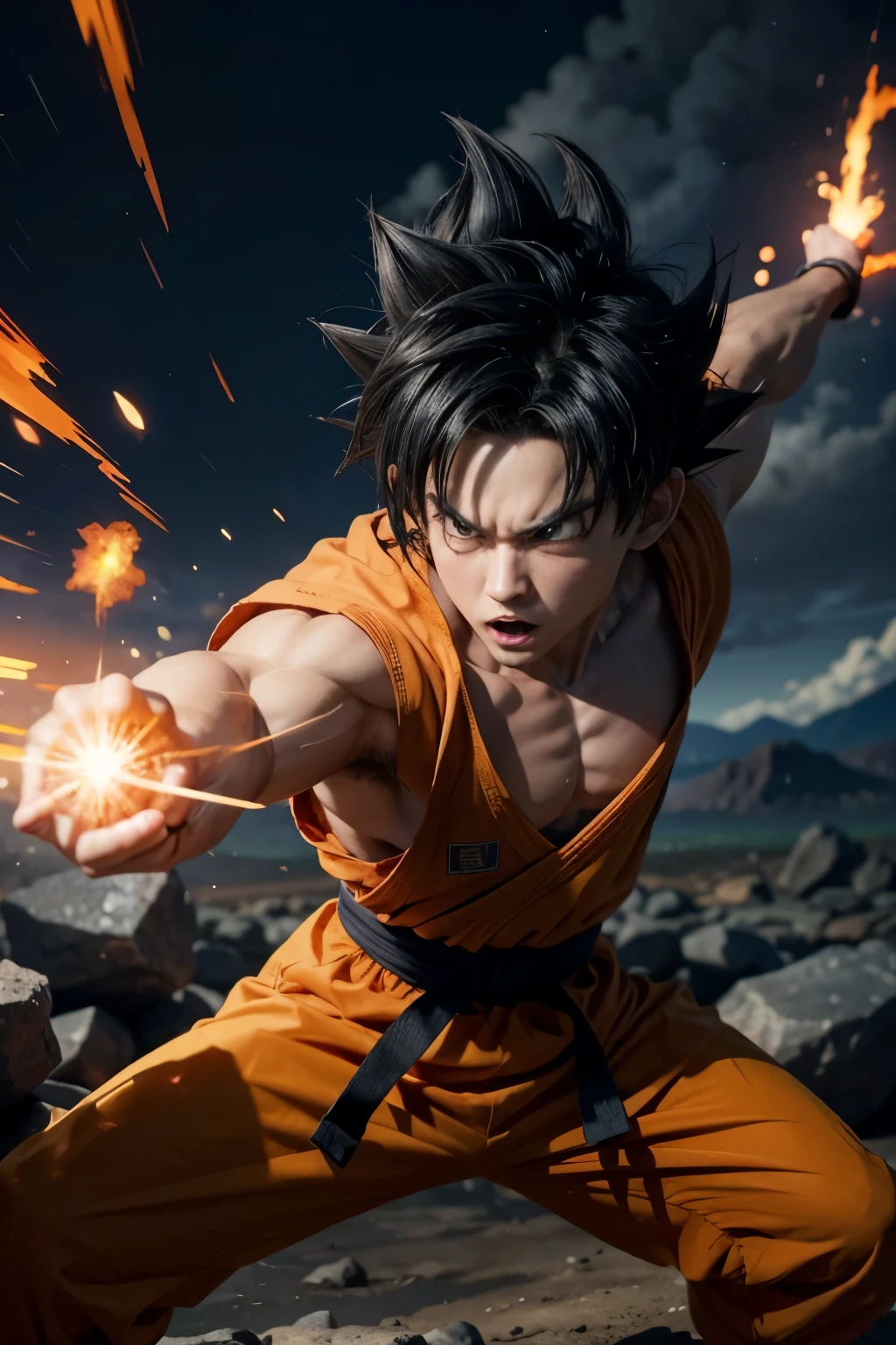 Create an image of Goku from Dragon Ball. The character must have spiky black hair, piercing black eyes and wearing an iconic orange and blue martial arts outfit. He must be in a fighting stance with a determined expression, surrounded by a glowing aura of energy. The background should feature a dramatic, rocky landscape with a clear blue sky. This character should exude strength and battle readiness, capturing the essence of a l