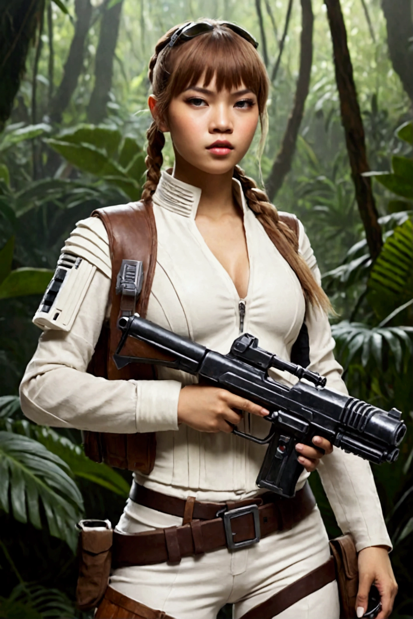 Star Wars (Lalisa Manobal, age 25, sexy combat outfit, very detailed blaster pistol) is a Rebel mercenary raiding an imperial convoy in a jungle. Action pose