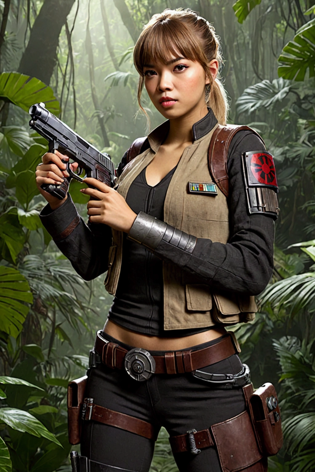 Star Wars (Lalisa Manobal, age 25, sexy combat outfit, very detailed blaster pistol) is a Rebel mercenary raiding an imperial convoy in a jungle. Action pose