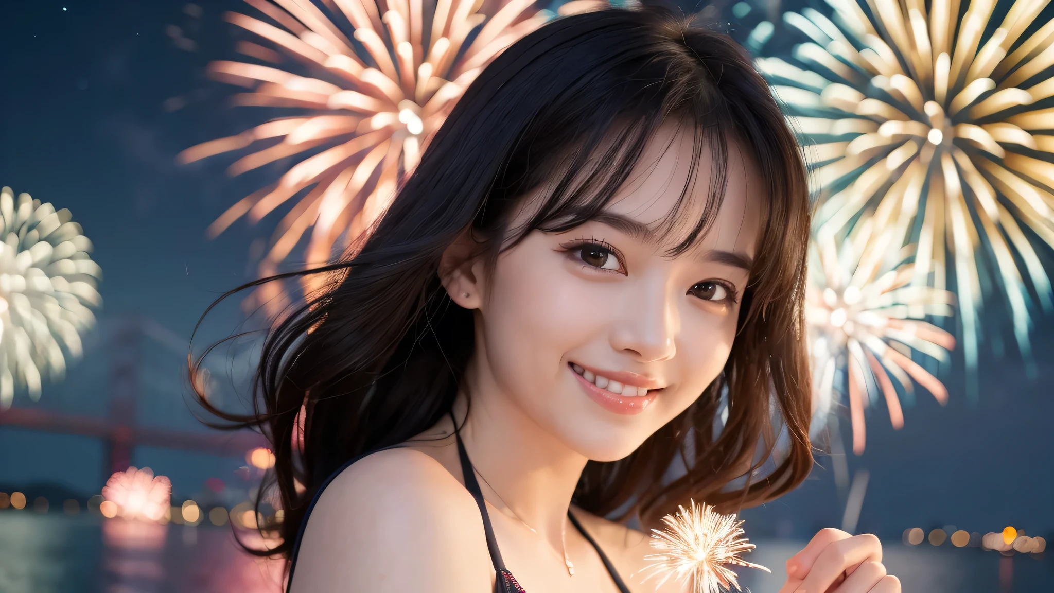 kawaii, (1beautiful girl), (happy smile:1.2), (bikini), cleavage, (Best Quality:1.4), Realistic, extremely detailed CG unified 8k wallpaper, highly detailed, High-definition raw color photos, professional photography, Realistic portrait, Beautiful detailed, Close up portrait of girl, Outdoors, Beautiful scenery, beach, (climax fireworks, The night sky, fireworks, beautiful fireworks spreading across the sky:1.4), so beautiful, upper body photos, amazingly beautiful sight, A wonderful, (Fine face:1.2),