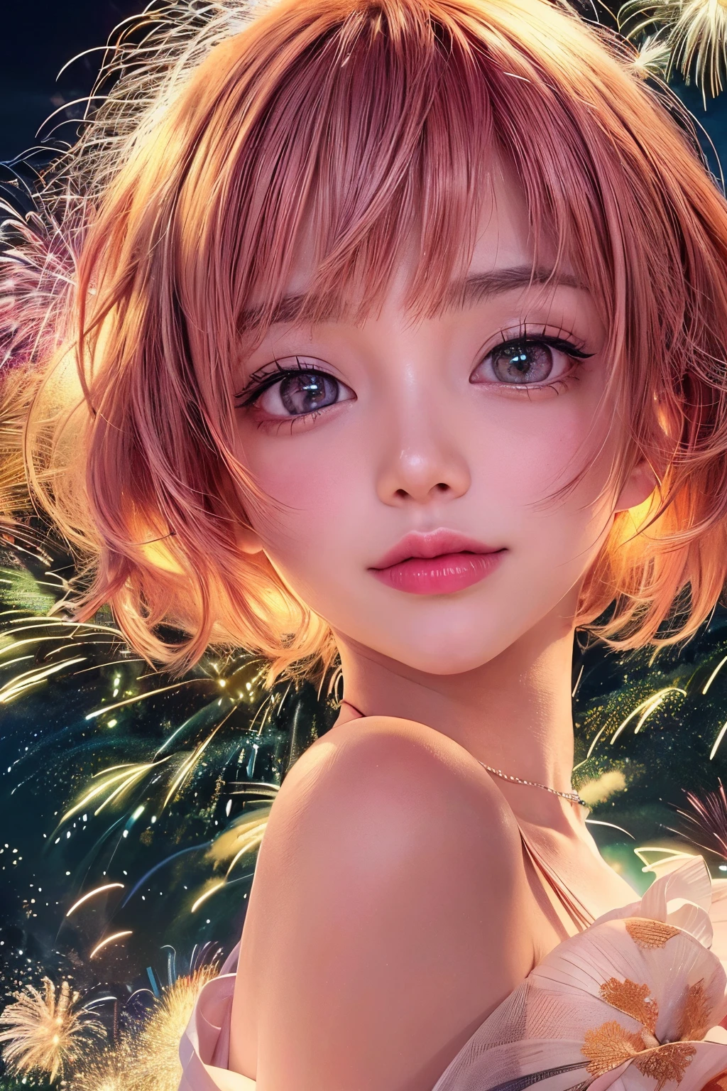 masterpiece, 1 beautiful girl, fine grain, Highest quality, Ultra High resolution, (reality: 1.4), Cinema Lighting, Beautiful Skin, (Ultra-realistic), (High resolution), (8k), (Very detailed), ( Best illustrations), With a slightly pouty face, (Crystal colorful lights), Very sophisticated and beautiful, Beautiful attention to detail, Round eyes, Detailed facial features, (Round pupils:1.4), (Attractive face), Smiling Lips, (Medium chest:1.3), Shallow smile, Open your lips, (Beautiful and elaborate face, Beautiful and delicate eyes), Pink Cheeks, mascara, Orange Hair, short hair, (Doing fireworks:1.3), Off the shoulder, Moonlit Night, (whole body:1.3), (From below:1.2), Wear a yukata, Side view,