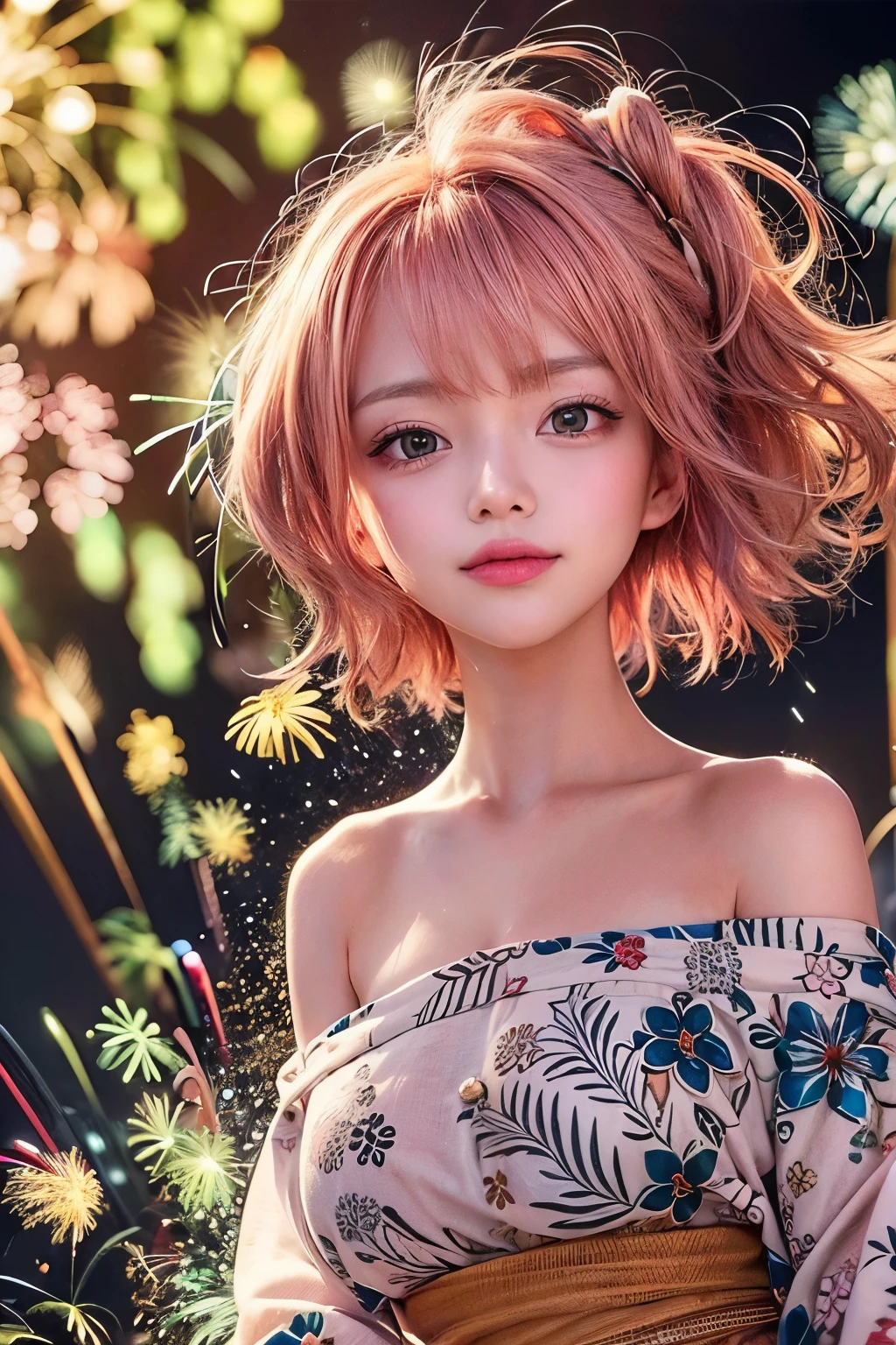 masterpiece, 1 beautiful girl, fine grain, Highest quality, Ultra High resolution, (reality: 1.4), Cinema Lighting, Beautiful Skin, (Ultra-realistic), (High resolution), (8k), (Very detailed), ( Best illustrations), With a slightly pouty face, (Crystal colorful lights), Very sophisticated and beautiful, Beautiful attention to detail, Round eyes, Detailed facial features, (Round pupils:1.4), (Attractive face), Smiling Lips, (Medium chest:1.3), Shallow smile, Open your lips, (Beautiful and elaborate face, Beautiful and delicate eyes), Pink Cheeks, mascara, Orange Hair, short hair, (Doing fireworks:1.3), Off the shoulder, Moonlit Night, (whole body:1.3), (From below:1.2), Wear a yukata, Side view,