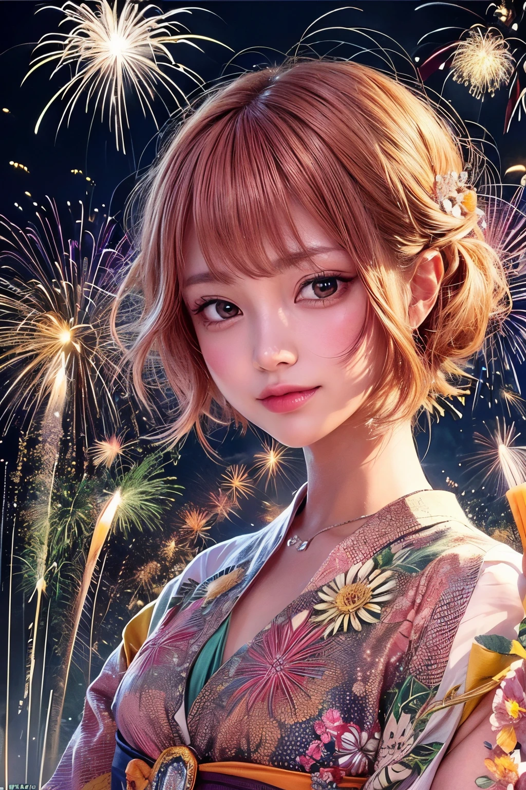 (incredibly absurdres, ultra-detailed,8k wallpaper),(masterpiece),(realistic),(photorealistic:1.2),(raw photo:1.2), (best quality:1.2), (detailed face :1.4),(beautiful detailed eyes :1.2),(detailed hair), 24 years old girl,flirting on camera, (night, kyoto:1.3), (fireworks:1.4),(beautiful,cute:1.4) no hands ADDCOMM
<lora:detailer:0.8> ADDBASE
(pink hair:1.3),blue eyes ADDROW
huge breasts, cleavage, in traditional japanese kimono, bare shoulders