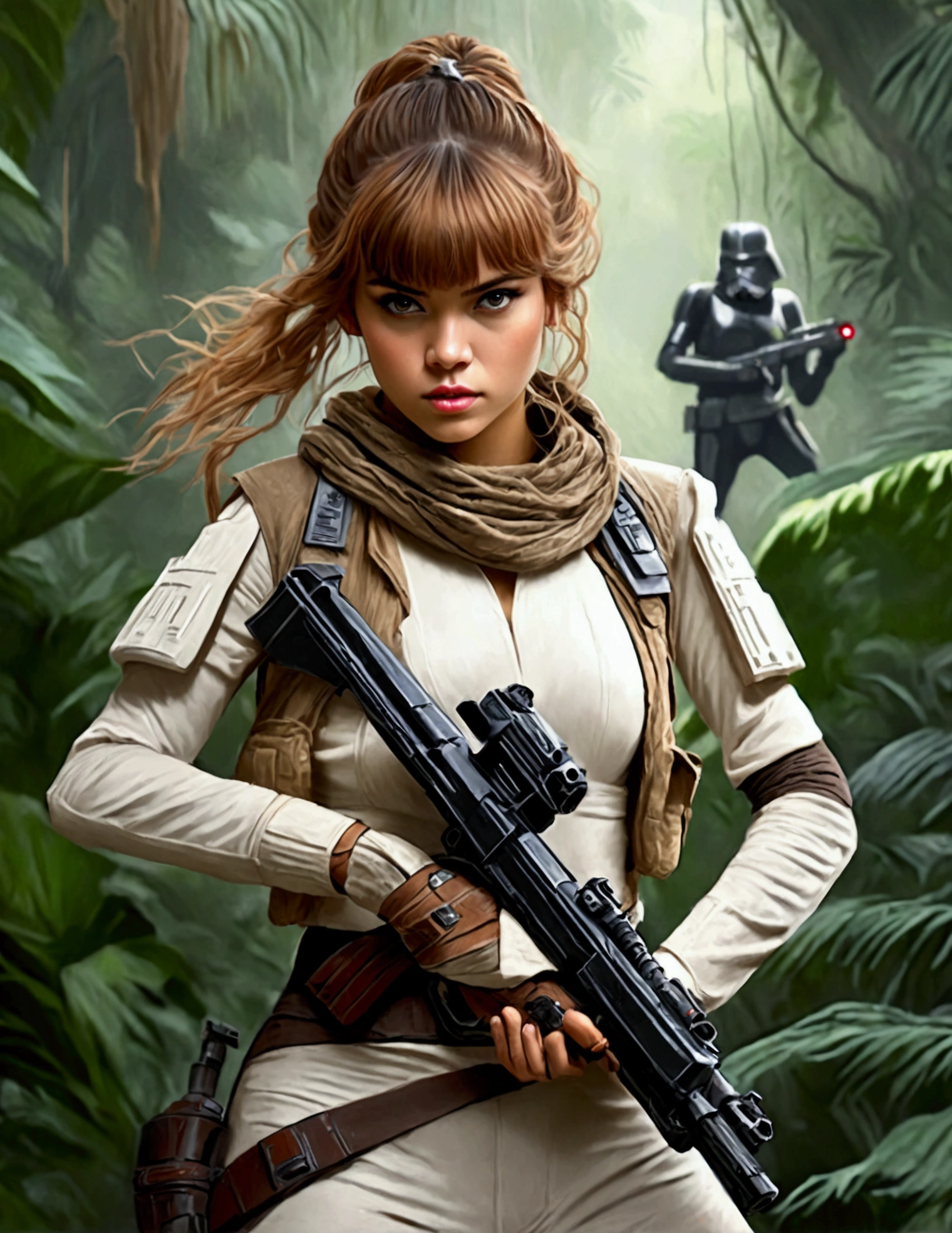 Star Wars (Lalisa Manobal, age 25, sexy combat outfit, very detailed blaster pistol) is a Rebel mercenary raiding an imperial convoy in a jungle. Action pose
