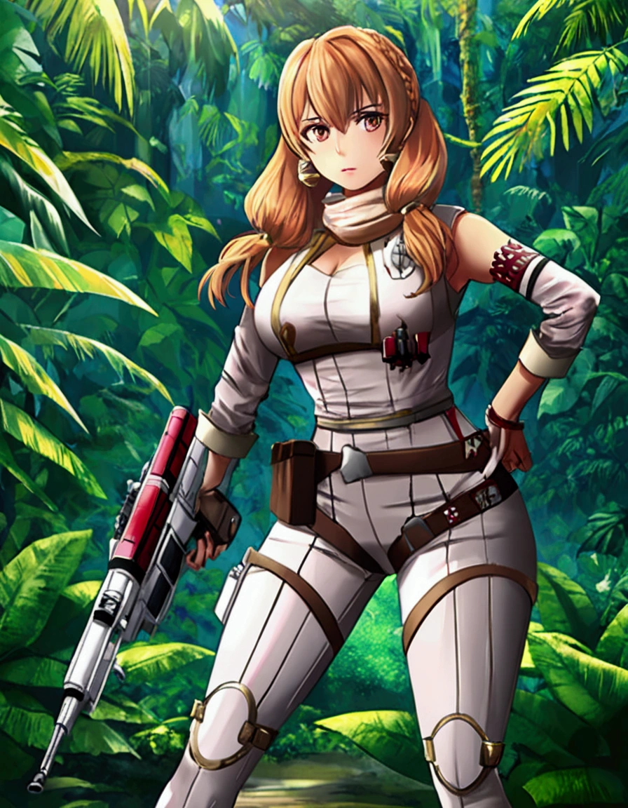 Star Wars (Lalisa Manobal, age 25, sexy combat outfit, very detailed blaster pistol) is a Rebel mercenary raiding an imperial convoy in a jungle. Action pose