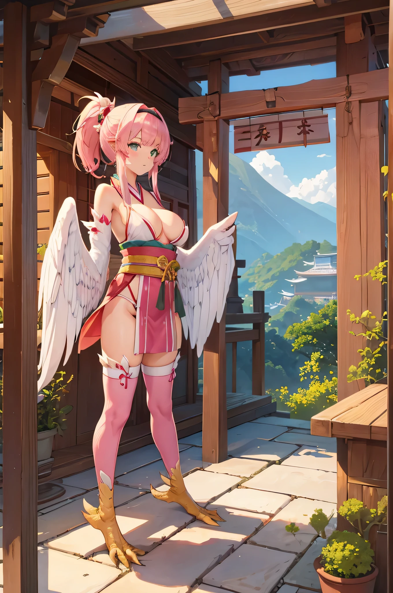 4K,High resolution,One Woman,Harpy,Pink Hair,Short Ponytail,Green Eyes,Big Breasts,White Wings,Golden toenails,Shrine maiden,White Shrine maiden outfit,hair band,Japanese Village