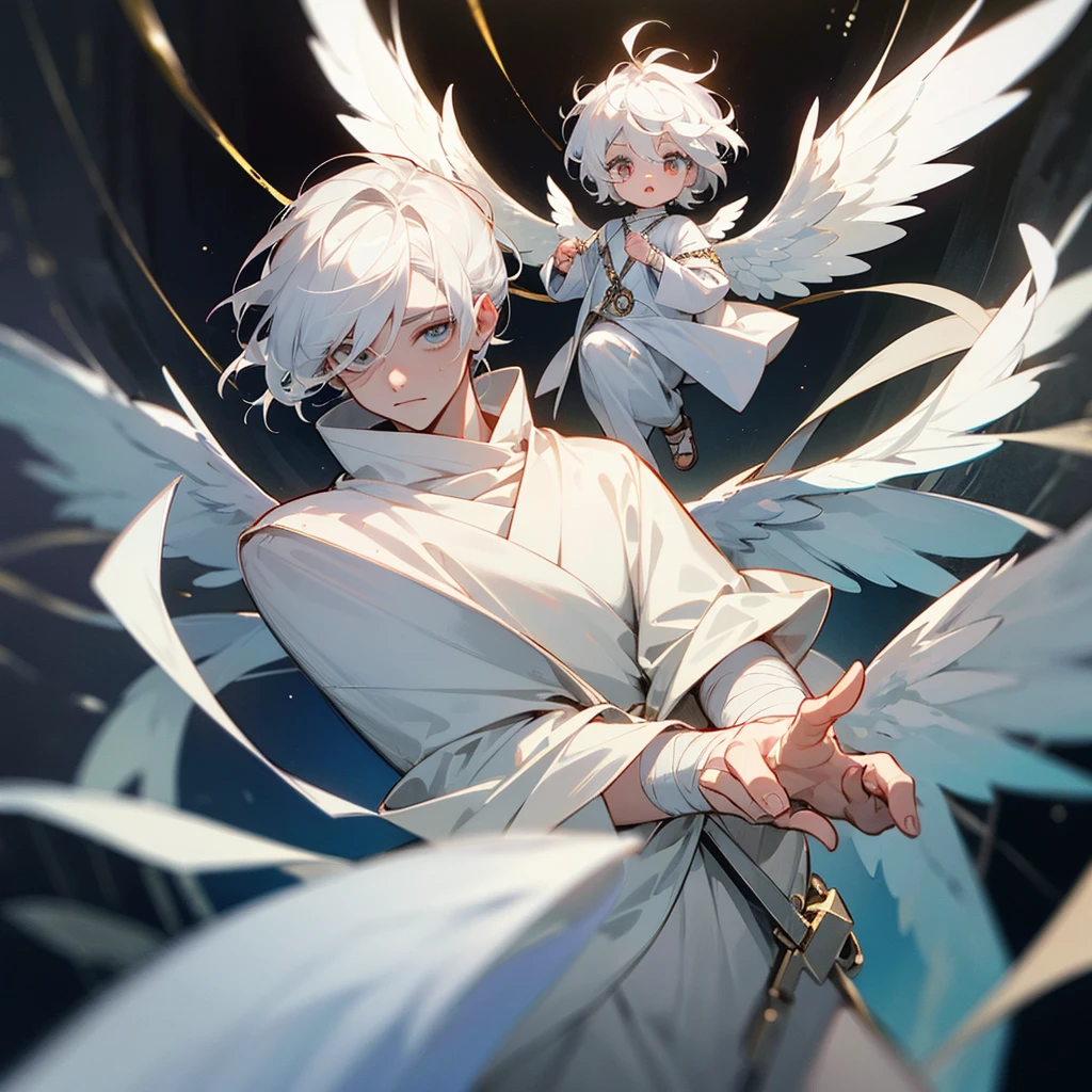 The character must be an angel, but with the appearance of a child, you have to have white hair, some bandages on his eyes which cover them completely, a white tunic, 2 rings around it with eyes like those of a biblically correct angel, The has to be inside those two rings with multiple eyes as well as having 4 wings on his back