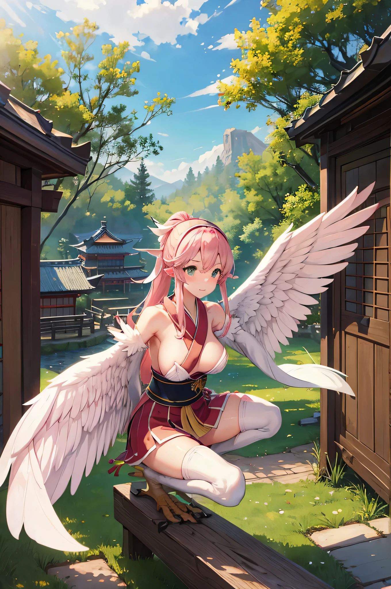 4K,High resolution,One Woman,Harpy,Pink Hair,Short Ponytail,Green Eyes,Big Breasts,White Wings,Golden toenails,Shrine maiden,White Shrine maiden outfit,hair band,Japanese Village