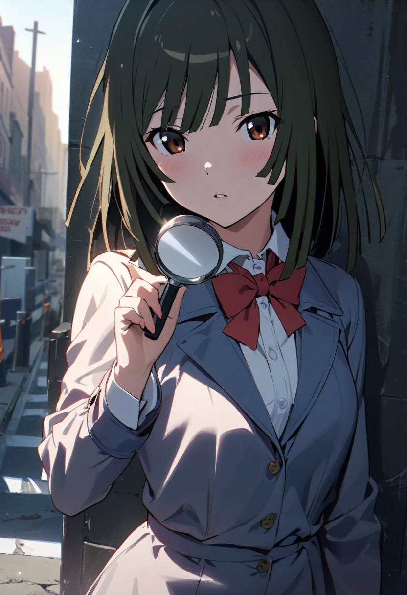 "1girl, sengoku nadeko, monogatari (series), detective costume inspired by Conan, blue suit with red bowtie, fill light on her magnifying glass, soft shadows on her sharp gaze, outdoor portrait at a crime scene, masterpiece, best quality, absurdres"

