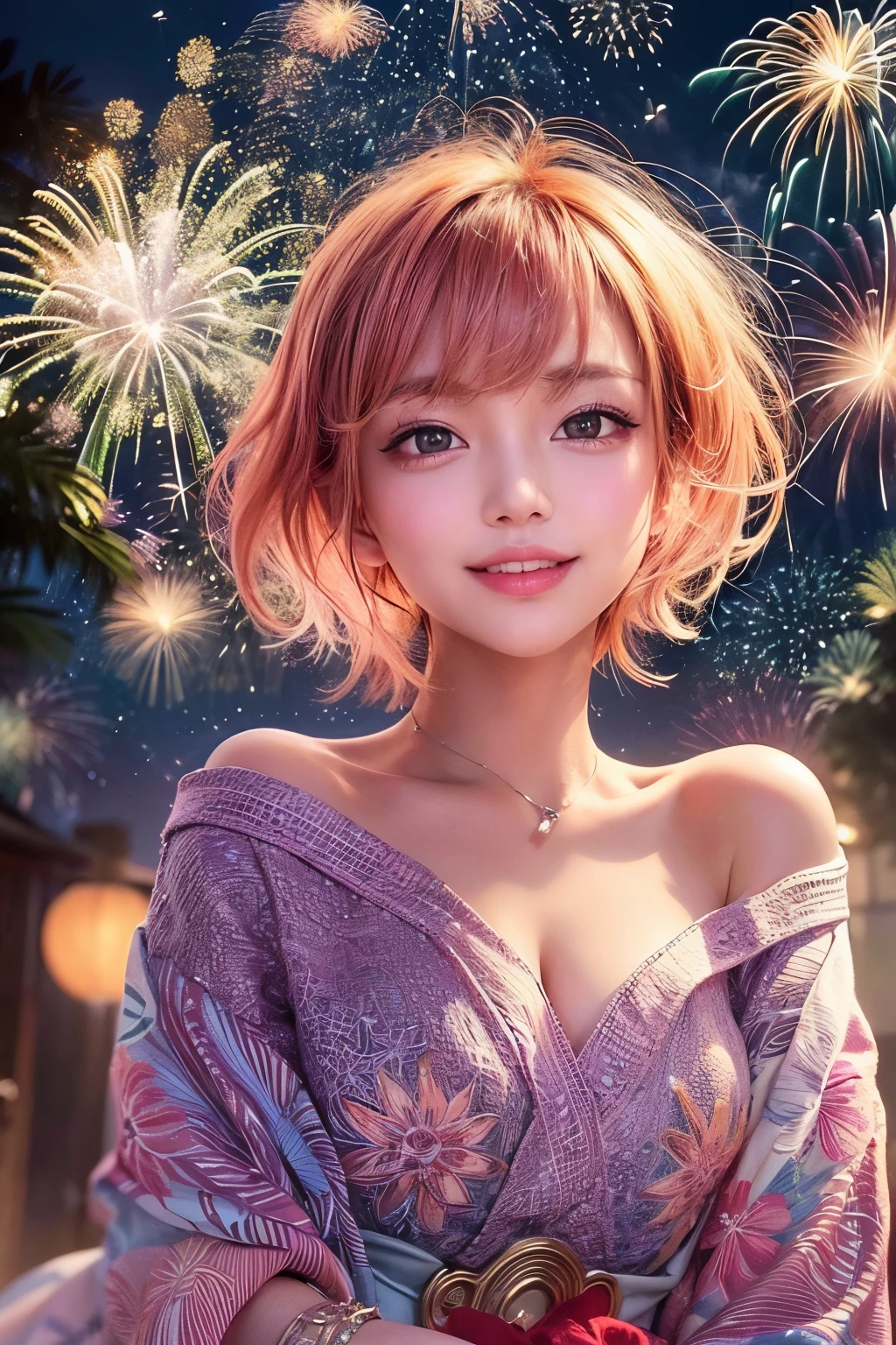 masterpiece, 1 beautiful girl, fine grain, Highest quality, Ultra High resolution, (reality: 1.4), Cinema Lighting, Beautiful Skin, (Ultra-realistic), (High resolution), (8k), (Very detailed), ( Best illustrations), With a slightly pouty face,  (Crystal colorful lights), Very sophisticated and beautiful, Beautiful attention to detail, Round eyes, Detailed facial features, (Round pupils:1.4), (Attractive face), Smiling Lips, (Medium chest:1.3), Shallow smile, Open your lips, (Beautiful and elaborate face, Beautiful and delicate eyes), Pink Cheeks, mascara, Orange Hair, short hair, (Doing fireworks:1.3), Off the shoulder, Moonlit Night, (whole body:1.3), (From below:1.2),  Wear a yukata, Side view,