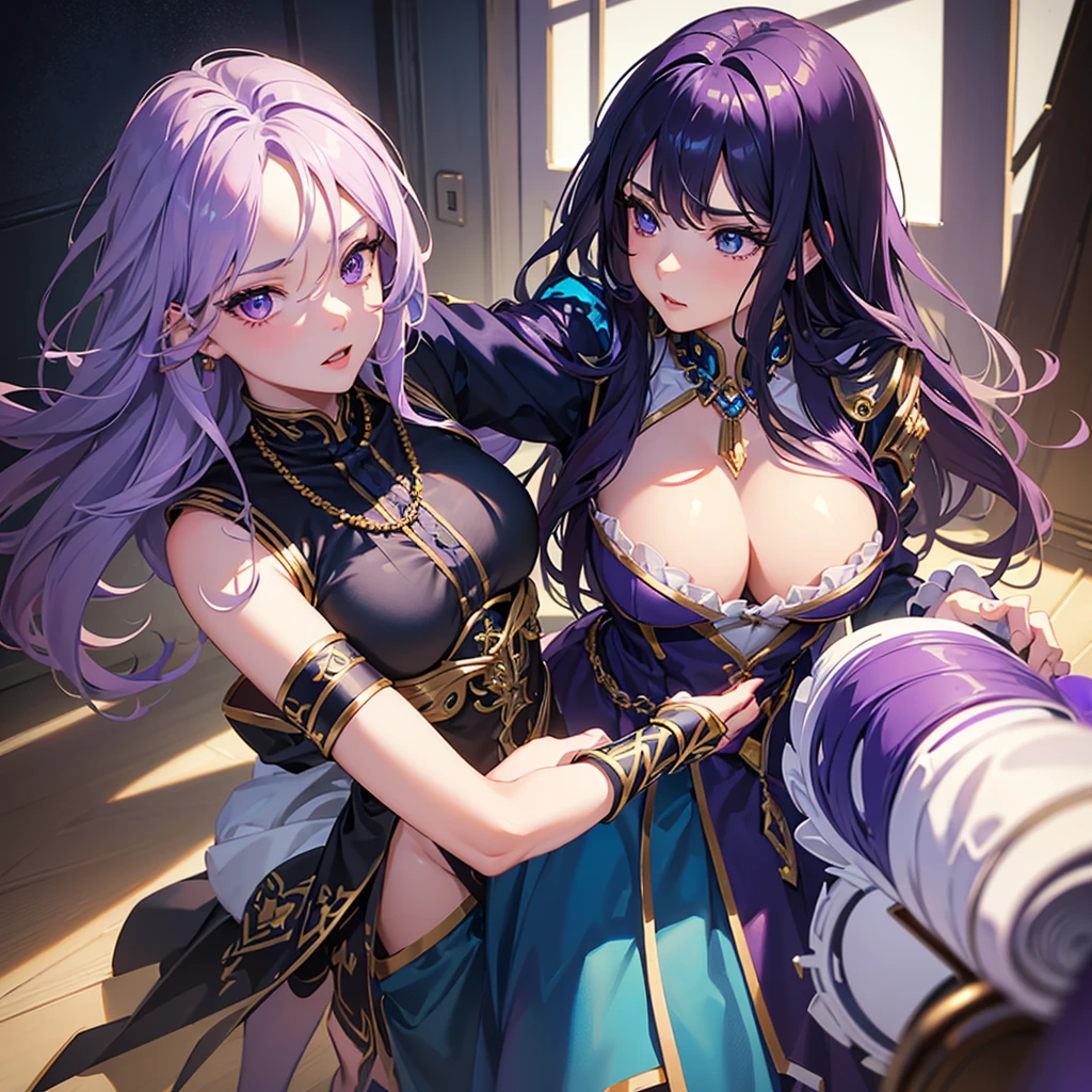 detailed portrait of a girl, hip-length wavy hair with purple, purple and turquoise tips, purple eyes, wearing a blue armor-like top and a blue silk-like ducktail style skirt with gold tones, sexy black knee-high stockings, heroine outfit with a necklace (best quality,4k,8k,high resolution,masterpiece:1. 2),ultra-detailed,(realistic,photorealistic,photo-realistic:1. 37), studio lighting, extremely detailed facial features, beautiful detailed eyes, beautiful detailed eyes, beautiful detailed lips, extremely detailed face, longeyelashes, blue skirt, blue top, anime style, vibrant colors, dramatic lighting, epic heroic pose
