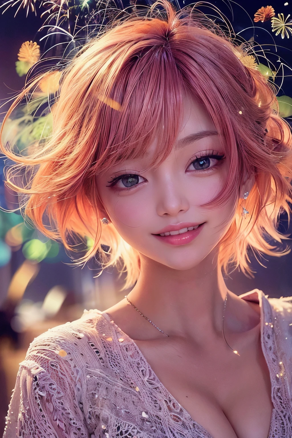 masterpiece, 1 beautiful girl, fine grain, Highest quality, Ultra High resolution, (reality: 1.4), Cinema Lighting, Beautiful Skin, (Ultra-realistic), (High resolution), (8k), (Very detailed), ( Best illustrations), With a slightly pouty face, (Crystal colorful lights), Very sophisticated and beautiful, Beautiful attention to detail, Round eyes, Detailed facial features, (Round pupils:1.4), (Attractive face), Smiling Lips, (Medium chest:1.3), Shallow smile, Open your lips, (Beautiful and elaborate face, Beautiful and delicate eyes), Pink Cheeks, mascara, Orange Hair, short hair, (Doing fireworks:1.3), Off the shoulder, Moonlit Night, (whole body:1.3), (From below:1.2), Wear a yukata, Side view,