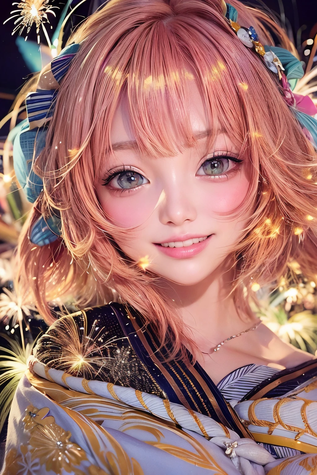 masterpiece, 1 beautiful girl, fine grain, Highest quality, Ultra High resolution, (reality: 1.4), Cinema Lighting, Beautiful Skin, (Ultra-realistic), (High resolution), (8k), (Very detailed), ( Best illustrations), With a slightly pouty face,  (Crystal colorful lights), Very sophisticated and beautiful, Beautiful attention to detail, Round eyes, Detailed facial features, (Round pupils:1.4), (Attractive face), Smiling Lips, (Medium chest:1.3), Shallow smile, Open your lips, (Beautiful and elaborate face, Beautiful and delicate eyes), Pink Cheeks, mascara, Orange Hair, short hair, (Doing fireworks:1.3), Off the shoulder, Moonlit Night, (whole body:1.3), (From below:1.2),  Wear a yukata, Side view,