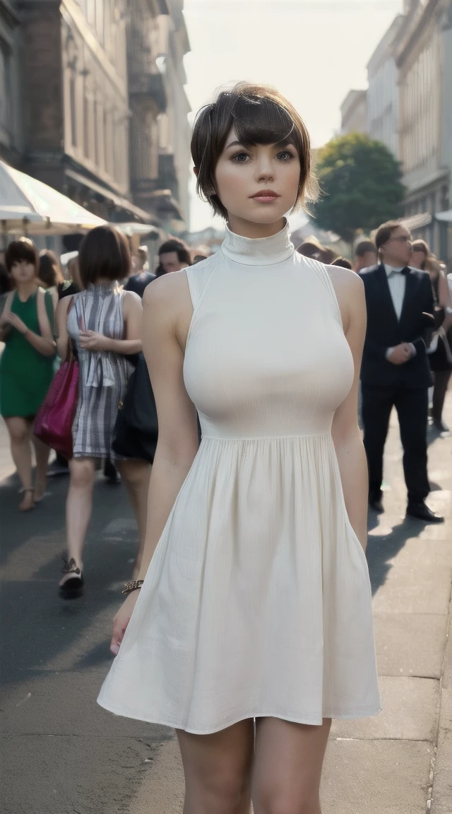 best quality, 1girl, (skindentation), (huge breast:1.2), (blur background:0.6), (street:1.2), (people, crowds:1), garden, day, outdoor, (casual yet stylish, elegant cloth, high neck dress:1.5), gorgeous, (bangs, short hair:1.5), (floating hair:1.2), (dynamic pose:1.2), soft lighting, wind, (front light:1.5), makeup,