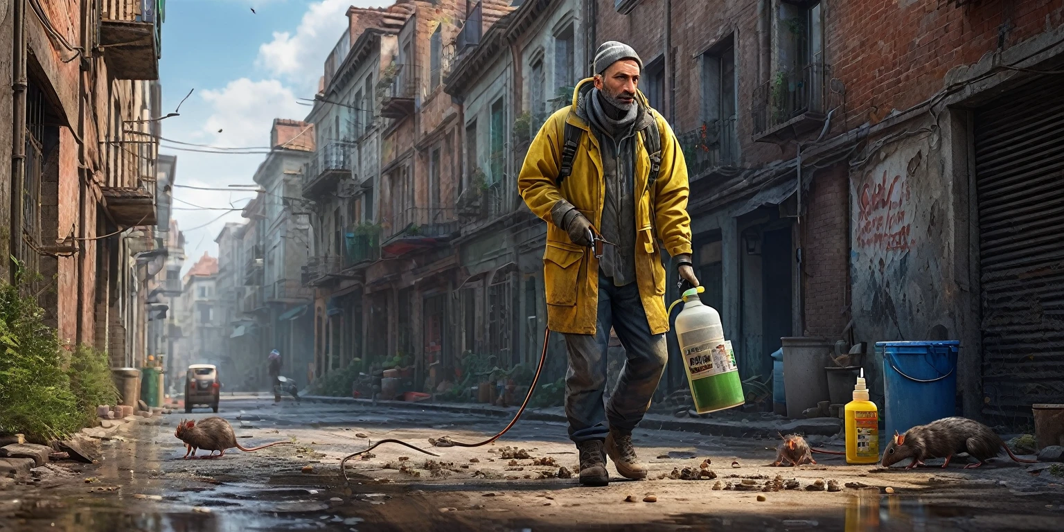 a man in dirty casual clothes,pest control worker,killing rats and cockroaches with poison spray,dirty abandoned street,realistic,photorealistic,photo-realistic:1.37,best quality,4k,8k,highres,masterpiece:1.2,ultra-detailed,HDR,UHD,studio lighting,ultra-fine painting,sharp focus,physically-based rendering,extreme detail description,professional,vivid colors,bokeh