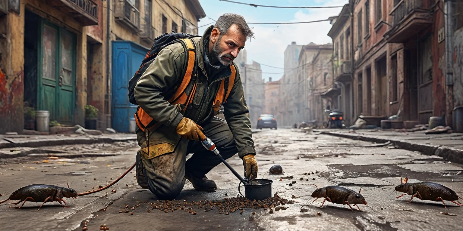 a man in dirty casual clothes,pest control worker,killing rats and cockroaches with poison spray,dirty abandoned street,realistic,photorealistic,photo-realistic:1.37,best quality,4k,8k,highres,masterpiece:1.2,ultra-detailed,HDR,UHD,studio lighting,ultra-fine painting,sharp focus,physically-based rendering,extreme detail description,professional,vivid colors,bokeh