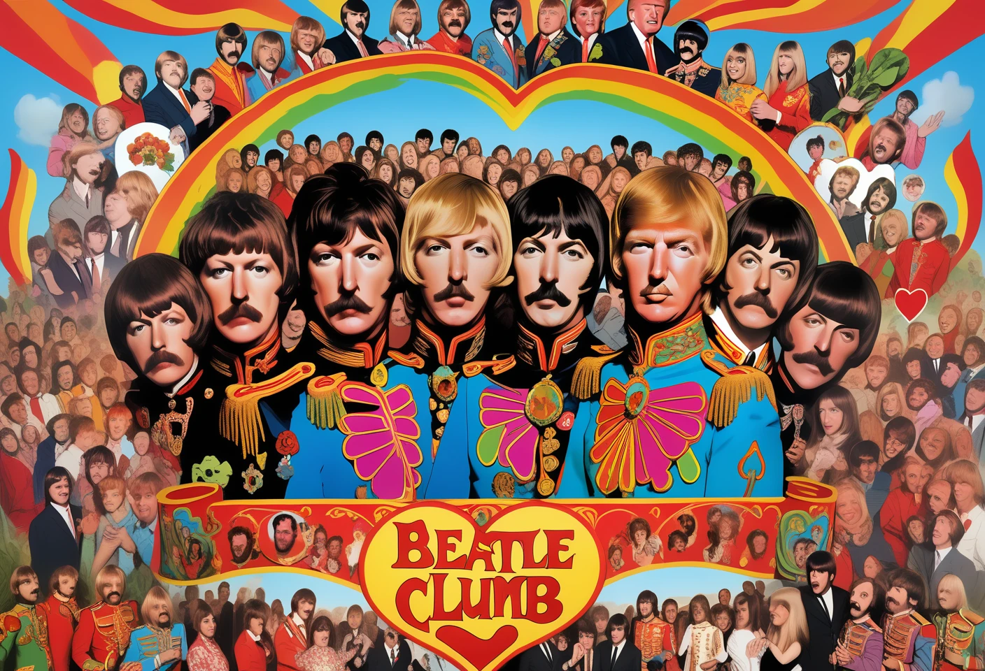 Donald Trump as Sgt. Pepper's in the Beatle's Sgt. Pepper's Lonely Hearts Club Band Album Cover. Surrounded by people who heart shaped heads.