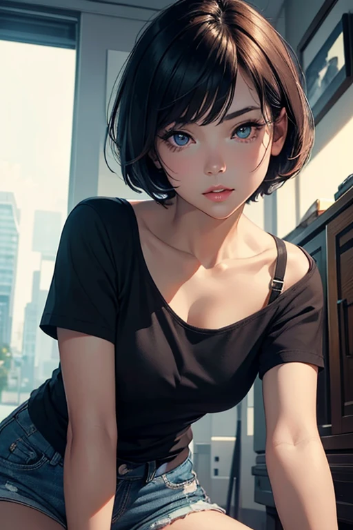 (masterpiece:1.1), best quality, (ultra detailed:1.3), super fine illustration, realistic, solo, woman, from below, beautiful face and eyes, short hair, dishevled hair, black t-shirt and short shorts, Waiting and watching, I'm a cool woman who likes mischief., grinning, Distant city, warm lighting,