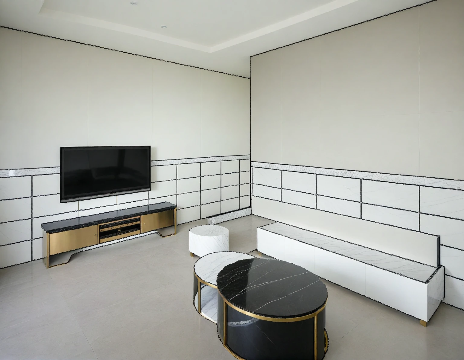 Raw photo,Masterpiece, high quality, best quality, authentic, super detail,
indoors, interior , ((living room :1.3)), modern style, daylight, (WHITE WALL),luxury, marble tile floor, fridge, black stone counter top, tiling wall