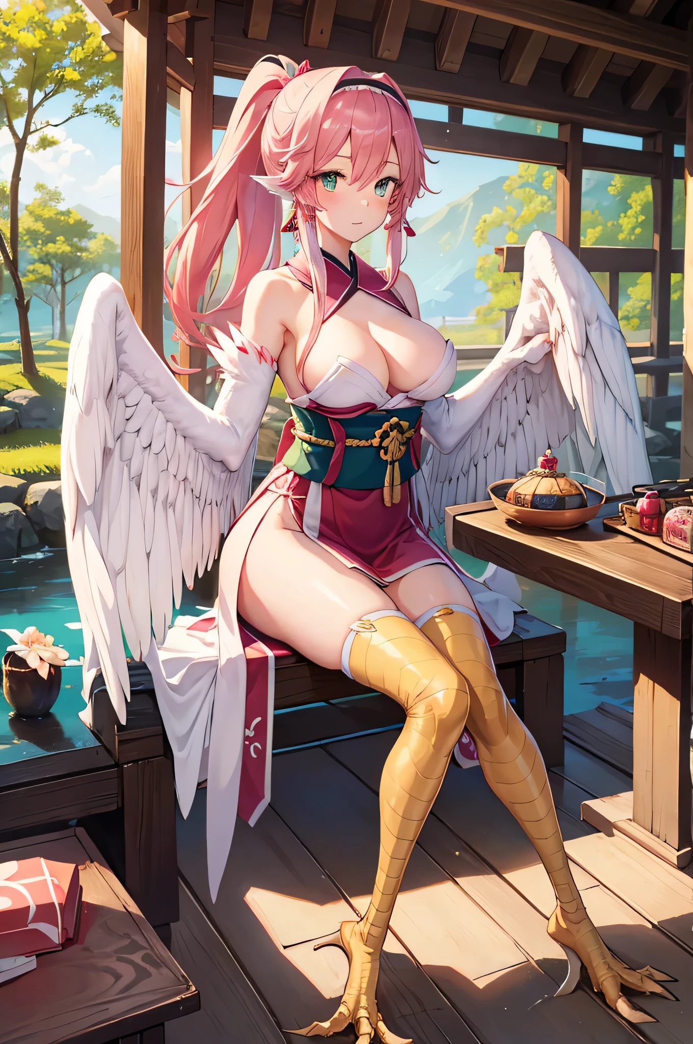 4K,High resolution,One Woman,Harpy,Pink Hair,Short Ponytail,Green Eyes,Big Breasts,White Wings,Golden toenails,Shrine maiden,White Shrine maiden outfit,hair band,Japanese Village