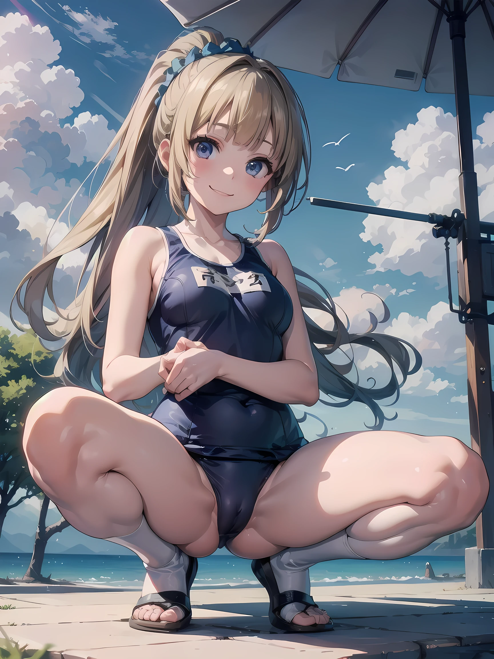 (NSFW:1.2), realistic, photo realistic:1.2), ((highest quality)), move the center of gravity backwards, pretty embarrassing, 1girl, kei karuizawa, (School swimsuit:1.2) Tiny breasts, (squat:1.4), put the heel on the ground, spread legs, squat with your knees up, Attach your ass to the ground, beautiful face details, real human skin, gentle expression, Front view, angle from below, realistic, photorealistic, cute, squat deep on beach, whole body, Smile, natural smile, charming smile, enchanting smile, (looking at the viewer:1.2), From before, from below, (wind:1.1)