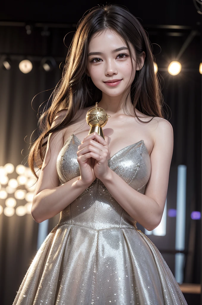 1 actress, face smiling, winning award moment, dressart, silver sparkling long gown, hold golden award:1.2, open mouth wide and smile:1.2, crying:1.2, high quality, 8k, masterpiece, high detailed, detailed face, medium close up shot, i, on the stage, podium, cinematic ligthing, bokeh, spotlight on her, long hair, slim, light and shadow, bright