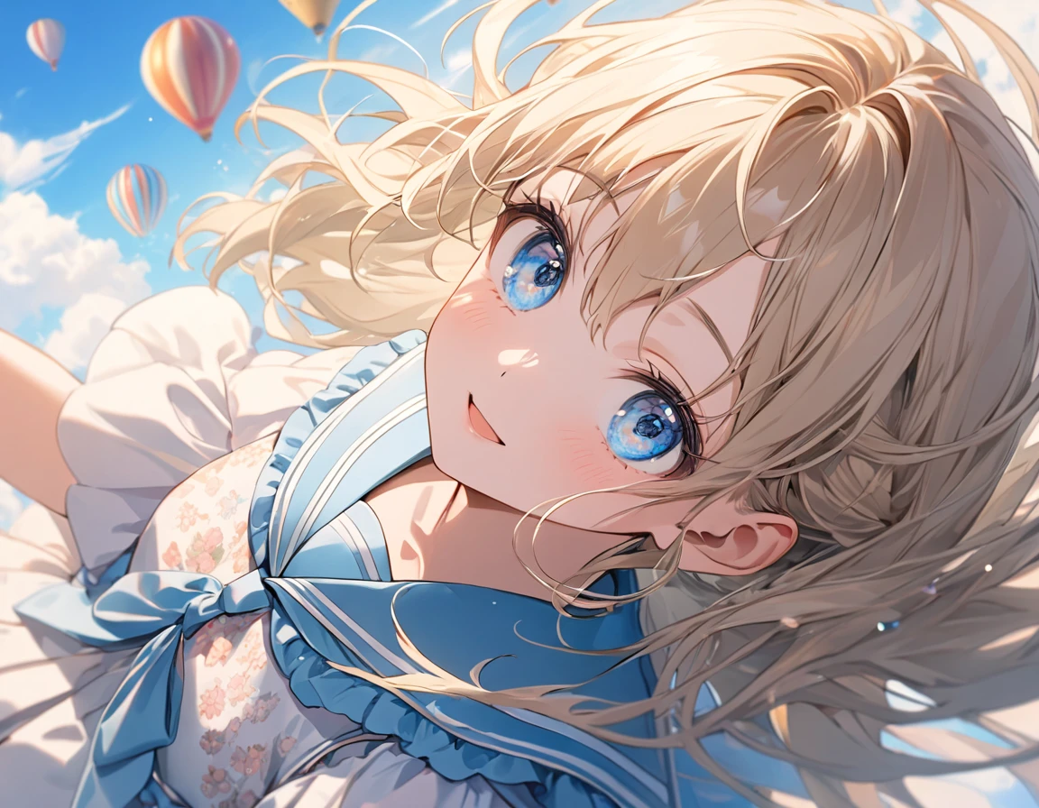 (8K, best quality, master piece: 1.2),super high resolution,1 girl,solo,,in the hot air balloon,ultra-detailed face,detailed eyes,Beige hair,long hair,floating hair,blue eyes,lash extension,happy,floral pattern sailor collar lolita fashionin(Light blue:1.5),overhead shot,in the sky