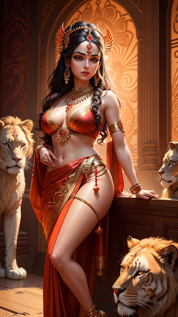 a beautiful hindu goddess, detailed face HD, piercing eyes, full lips, long flowing red sari, holding a trishul, a majestic lion nearby, intricate jewelry, glowing ethereal aura, highly detailed, photorealistic, dramatic lighting, vibrant colors, ornate background, digital art HD 8k quality