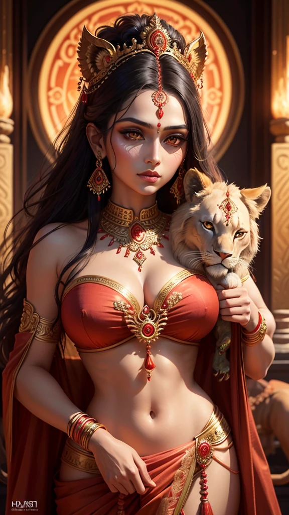 a beautiful hindu goddess, detailed face HD, piercing eyes, full lips, long flowing red sari, holding a trishul, a majestic lion nearby, intricate jewelry, glowing ethereal aura, highly detailed, photorealistic, dramatic lighting, vibrant colors, ornate background, digital art HD 8k quality