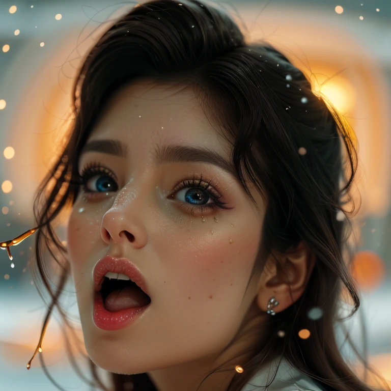 ExtremelyDetailed Kawaii girl Face,(Close-up Sweet lips), glossy lips with beautiful details, Coquettish tongue, Kissing to camera, towards the viewer, 8K TopQuality masterpiece,an extremely delicate and beautiful (ProfessionalPhoto:1.37), {Amazing|finely detail|official art|incredibly absurdres},ultra-detailed close-up shot, close up, (fish eye lens), wide lens, macro lens, Detailed reflective Eyes ElaboratePupils with (sparkling highlights:1.28) (Delicate Voluminous LongEyelashes:0.88), {(Tilted face:1.22)|Visible back of throat|saliva drips|naked shoulder}, (Dripping juice on tongue:1.23) snow particles