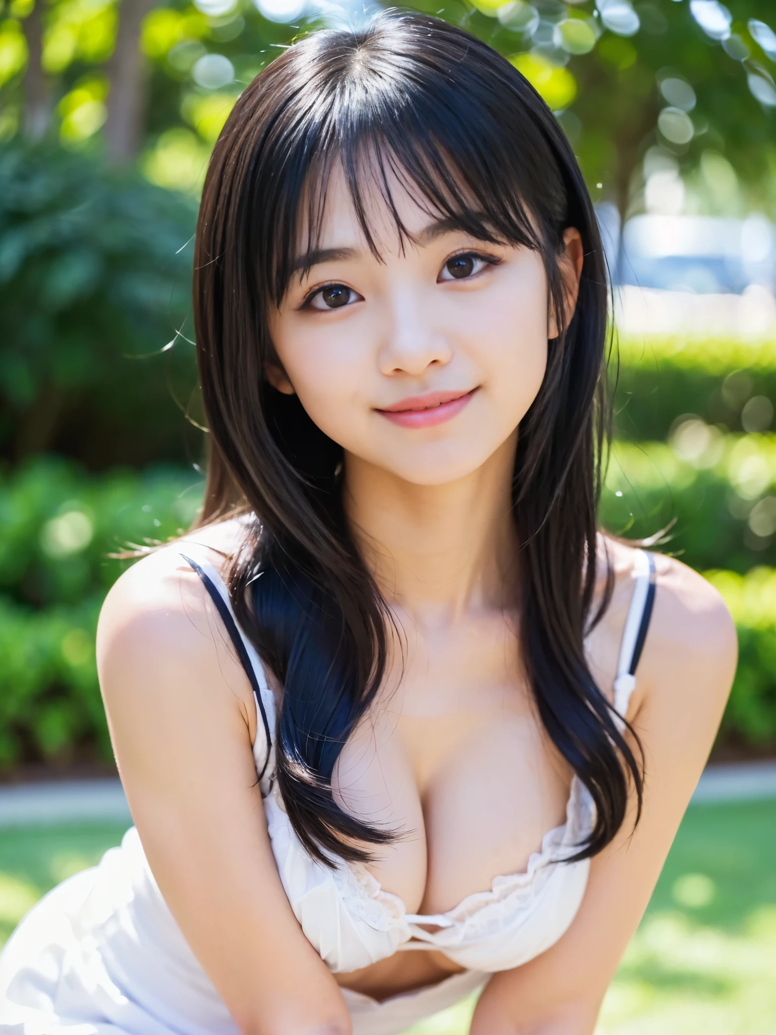 (Best-quality, Masterpiece, Ultra-High-Resolution, (Photorealistic:1.4), Raw Photo, depth of field, professional lighting, perfect anatomy, extremely details), ((at summer-beach, beautiful sunlight, beautiful clear-sky, beautiful sea)), (1girl, ((-yeld)),  most famous Japanese idol), ((innocent smile)), ((extremely beautiful and extremely realistic skins)), ((((extremely cute and extremely big black-round-eyes)))), ((extremely cute face like the most popular Japanese idol)), (extremely beautiful black-long-hair), (extremely cute long-eyelashes), (extremely cute lips), (extremely cute shoulders), (extremely cute cleavage), (extremely cute body), (extremely cute thighs)