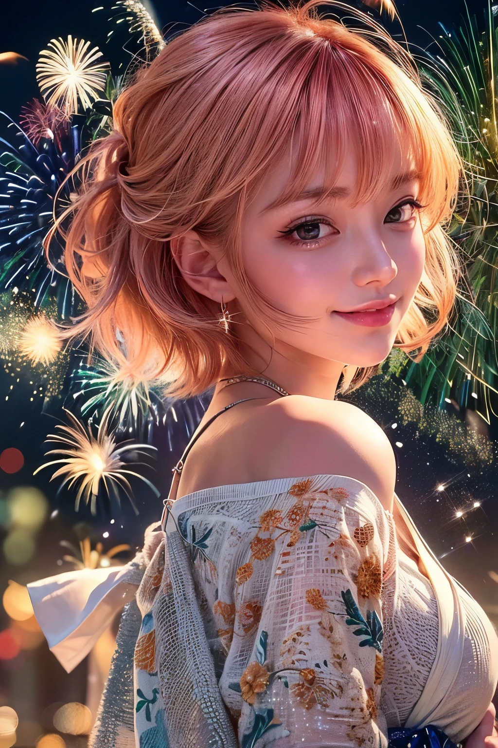 masterpiece, 1 beautiful girl, fine grain, Highest quality, Ultra High resolution, (reality: 1.4), Cinema Lighting, Beautiful Skin, (Ultra-realistic), (High resolution), (8k), (Very detailed), ( Best illustrations), With a slightly pouty face, (Crystal colorful lights), Very sophisticated and beautiful, Beautiful attention to detail, Round eyes, Detailed facial features, (Round pupils:1.4), (Attractive face), Smiling Lips, (Medium chest:1.3), Shallow smile, Open your lips, (Beautiful and elaborate face, Beautiful and delicate eyes), Pink Cheeks, mascara, Orange Hair, short hair, (Doing fireworks:1.3), Off the shoulder, Moonlit Night, (whole body:1.3), (From below:1.2), Wear a yukata, Side view,
