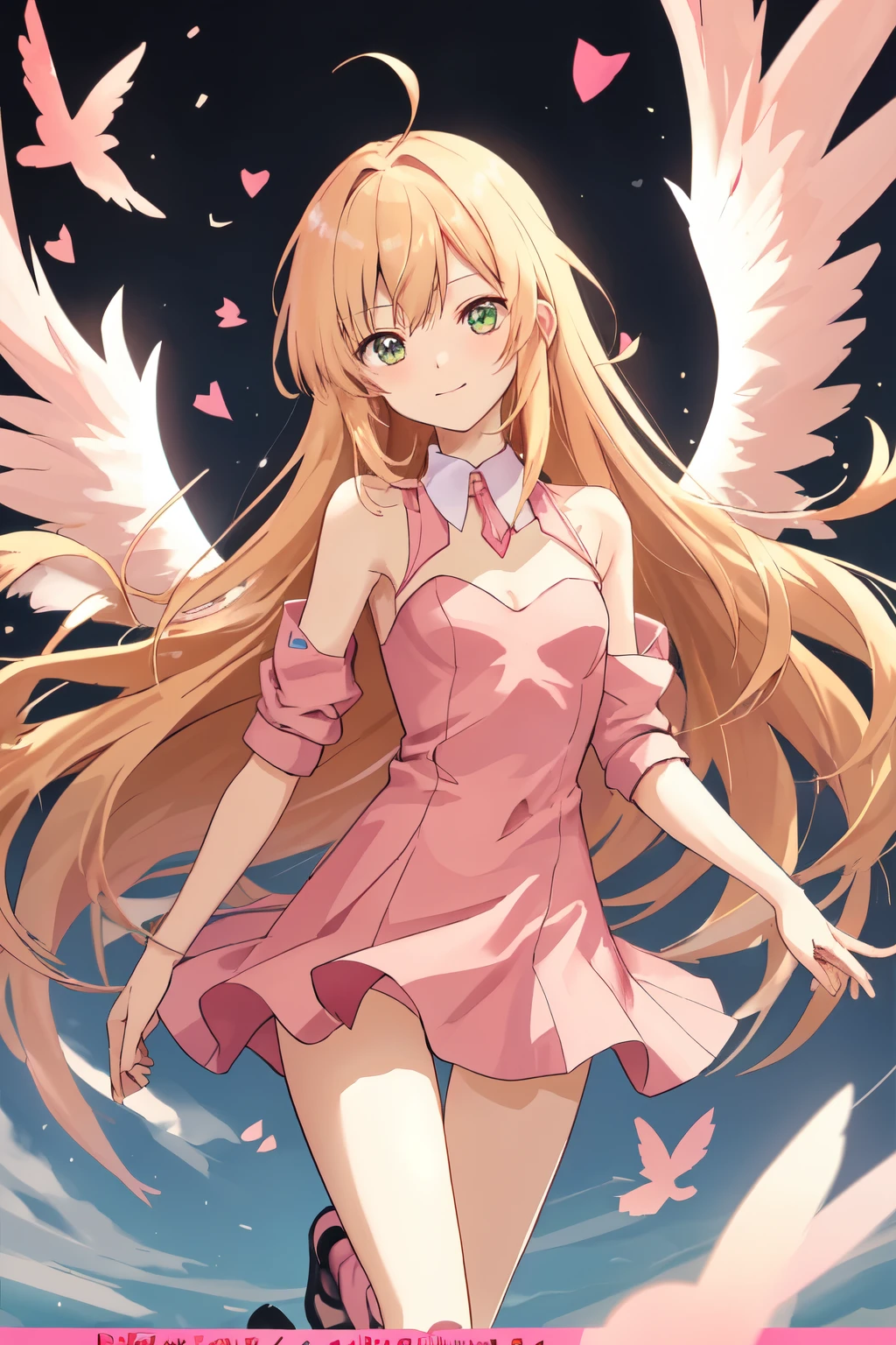 1_girl, (anime, kawai:2), (masterpeice, best_quality, clean:1.5), (sky_background:1.2), (cute, cute_smile, wholesome, young:1.8), (delicate, extremely_delicate, beautiful, thin:1.5), (girlfriend, angel:1.8), (green_eyes, simple_eyes:1.8) (long_hair, blond_hair:1.8), (combat:1.2), (wearing_pink_dress, pink_angel_wings:1.8), (combat:1.2), extremely_delicate, (love_magic:1.5), (age_size_fits_body), (small_thighs:1.3), (breasts), (eye_level:1.3), (heart_magic, love:1.8), (warm:1.8), (folded_legs:1.5)