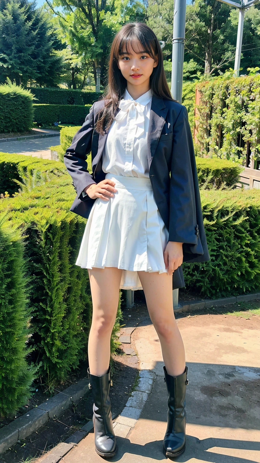 (8k、RAW Photos、Highest quality、masterpiece:1.2)、(Realistic、Realistic)、1 Girl、((See-through dresini skirt、garden、Exposed Skin、Medium Hair、whole body、boots、View from the front、Looking at the camera、Stand with hands on hips))、cute