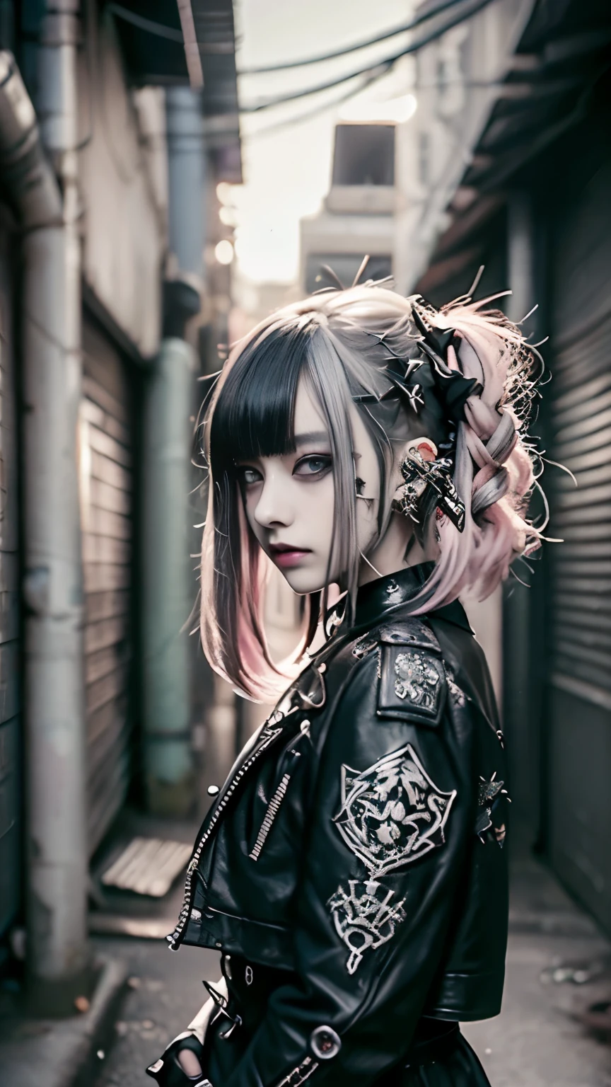 Mohawk、、Goth、(Tabletop), (Portraiture), (beautiful), (beautiful), (Upper blood), (high quality), (beautiful衣服), (Professional Perspective), (Rule of thirds), (feminine), (woman),  (beautiful),(feminine features), (Age 25), alone, woman1名, (Attractive punk girl), Winters, Dramatic Light,), anddgy makeup, (Small breasts), , (front), (Resistance的な表情), ((Resistance)), (Leather jackets and tattoos), ((Short hair)), (dyed (and.G. and pink) hair), (spiky hair), (Thick hair), Matte shine hair, (Hair bands scattered in the hair), (Green eyes), (A bold and daring look), (Pale skin), (Dark clothing), (Band T-Shirts), (Ripped jeans), (-), Crew neck), ((Urban alley background)), (Close-up shot), beautiful hands, both hands, Normal hand, Two Arms, Complete Hand, beautiful body, beautiful fingers, Normal finger, Five Fingers, Five Fingers, (Thumb Index Finger Ring Finger), beautiful ears, Normal ear, beautiful eyes, Shining Eyes, beautiful mouth, beautiful lips,