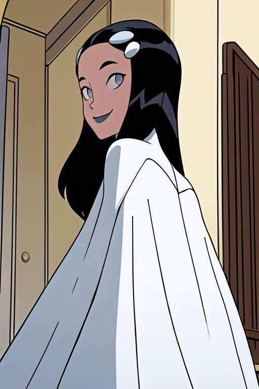 Tinya Wazzo, solo,black hair, long hair. grey eyes, smile, grey lips, white cape, best quality, masterpiece, 1girl, Masterpiece, Best Quality, Detail, room, From Behind, From Below, cape in front, looking at view
