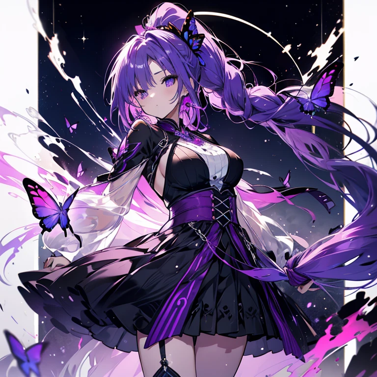 1 girl、Mature、Ample breasts、Long Hair、Purple Hair、ponytail、ハイponytail、Ballerina Costume、Black costume、Miniskirt、Purple butterfly、Braided、High resolution、Highest quality、Like a jewel、Starry Sky、Shining Moon、beautiful