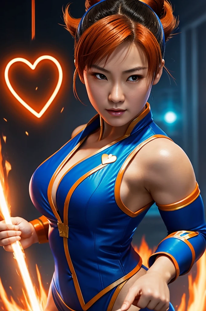 Could you generate an image of Chun Li making a heart with her hands and her light orange hair?, Wear your original blue suit
