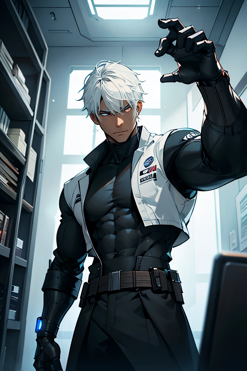 Create a book cover for “The Diminishing Persistence” featuring Obsidian, a brown-skinned male with white hair. He wears a lab coat over a skin-tight black shirt that shows his defined physique. He stands in the interior of a spaceship, a metallic room with futuristic elements. In front of him is a slightly cracked mirror reflecting his terrified expression and his metallic robotic prosthetic arm. The dim lighting casts shadows, highlighting his fear and the unsettling, mysterious atmosphere of the story.