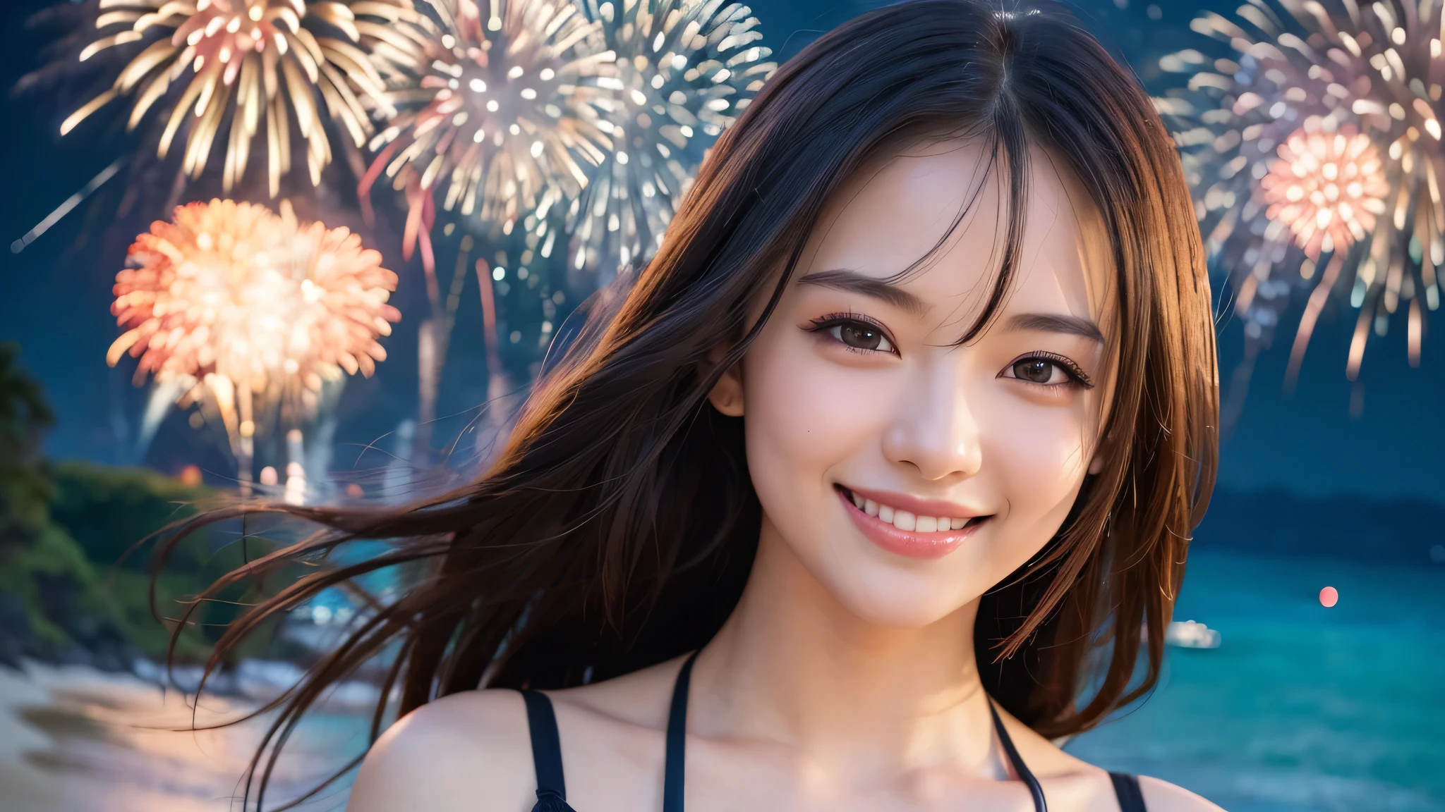 kawaii, (1beautiful girl), (happy smile:1.2), (bikini), cleavage, (Best Quality:1.4), Realistic, extremely detailed CG unified 8k wallpaper, highly detailed, High-definition raw color photos, professional photography, Realistic portrait, Beautiful detailed, Close up portrait of girl, Outdoors, Beautiful scenery, beach, (climax fireworks, The night sky, fireworks, beautiful fireworks spreading across the sky:1.4), so beautiful, upper body photos, amazingly beautiful sight, A wonderful, fantasy world, space world, earth, (Fine face:1.2),