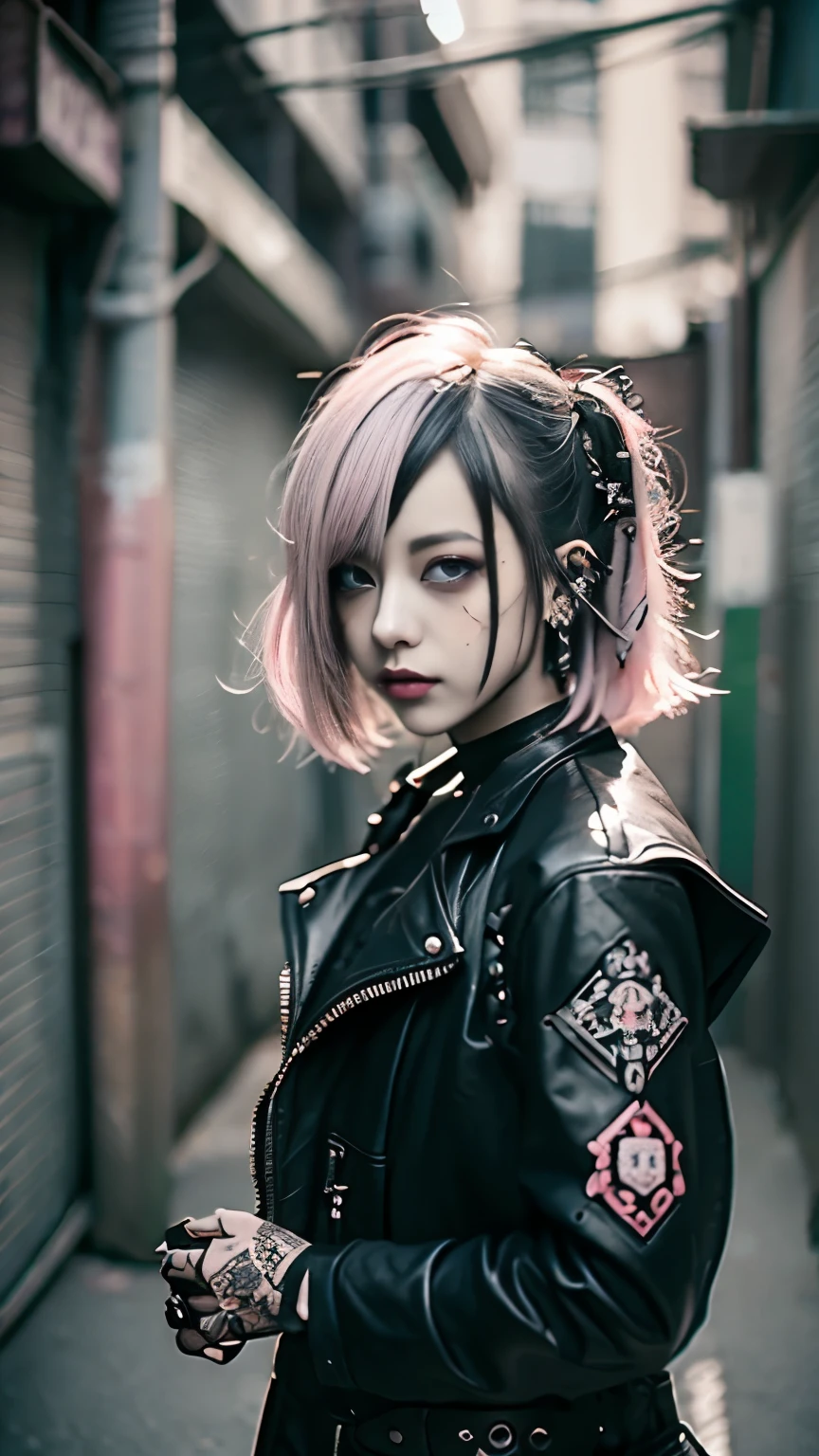 Mohawk、、Goth、(Tabletop), (Portraiture), (beautiful), (beautiful), (Upper blood), (high quality), (beautiful衣服), (Professional Perspective), (Rule of thirds), (feminine), (woman),  (beautiful),(feminine features), (Age 25), alone, woman1名, (Attractive punk girl), Winters, Dramatic Light,), anddgy makeup, (Small breasts), , (front), (Resistance的な表情), ((Resistance)), (Leather jackets and tattoos), ((Short hair)), (dyed (and.G. and pink) hair), (spiky hair), (Thick hair), Matte shine hair, (Hair bands scattered in the hair), (Green eyes), (A bold and daring look), (Pale skin), (Dark clothing), (Band T-Shirts), (Ripped jeans), (-), Crew neck), ((Urban alley background)), (Close-up shot), beautiful hands, both hands, Normal hand, Two Arms, Complete Hand, beautiful body, beautiful fingers, Normal finger, Five Fingers, Five Fingers, (Thumb Index Finger Ring Finger), beautiful ears, Normal ear, beautiful eyes, Shining Eyes, beautiful mouth, beautiful lips,