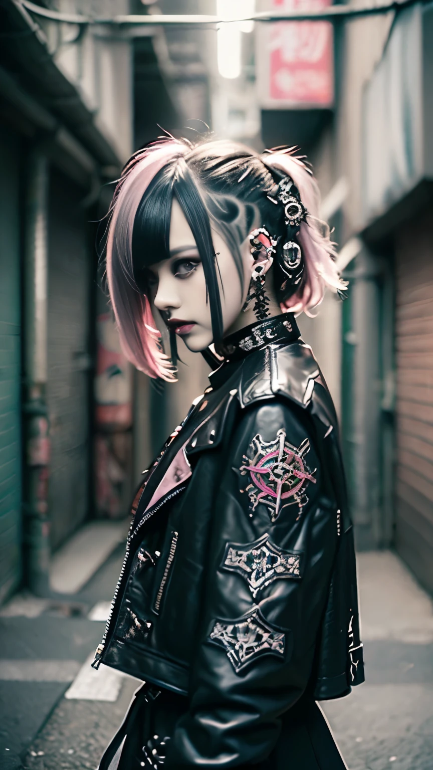Mohawk、、Goth、(Tabletop), (Portraiture), (beautiful), (beautiful), (Upper blood), (high quality), (beautiful衣服), (Professional Perspective), (Rule of thirds), (feminine), (woman), (beautiful),(feminine features), (Age 25), alone, woman1名, (Attractive punk girl), Winters, Dramatic Light,), anddgy makeup, (Small breasts), , (front), (Resistance的な表情), ((Resistance)), (Leather jackets and tattoos), ((Short hair)), (dyed (and.G. and pink) hair), (spiky hair), (Thick hair), Matte shine hair, (Hair bands scattered in the hair), (Green eyes), (A bold and daring look), (Pale skin), (Dark clothing), (Band T-Shirts), (Ripped jeans), (-), Crew neck), ((Urban alley background)), (Close-up shot), beautiful hands, both hands, Normal hand, Two Arms, Complete Hand, beautiful body, beautiful fingers, Normal finger, Five Fingers, Five Fingers, (Thumb Index Finger Ring Finger), beautiful ears, Normal ear, beautiful eyes, Shining Eyes, beautiful mouth, beautiful lips,