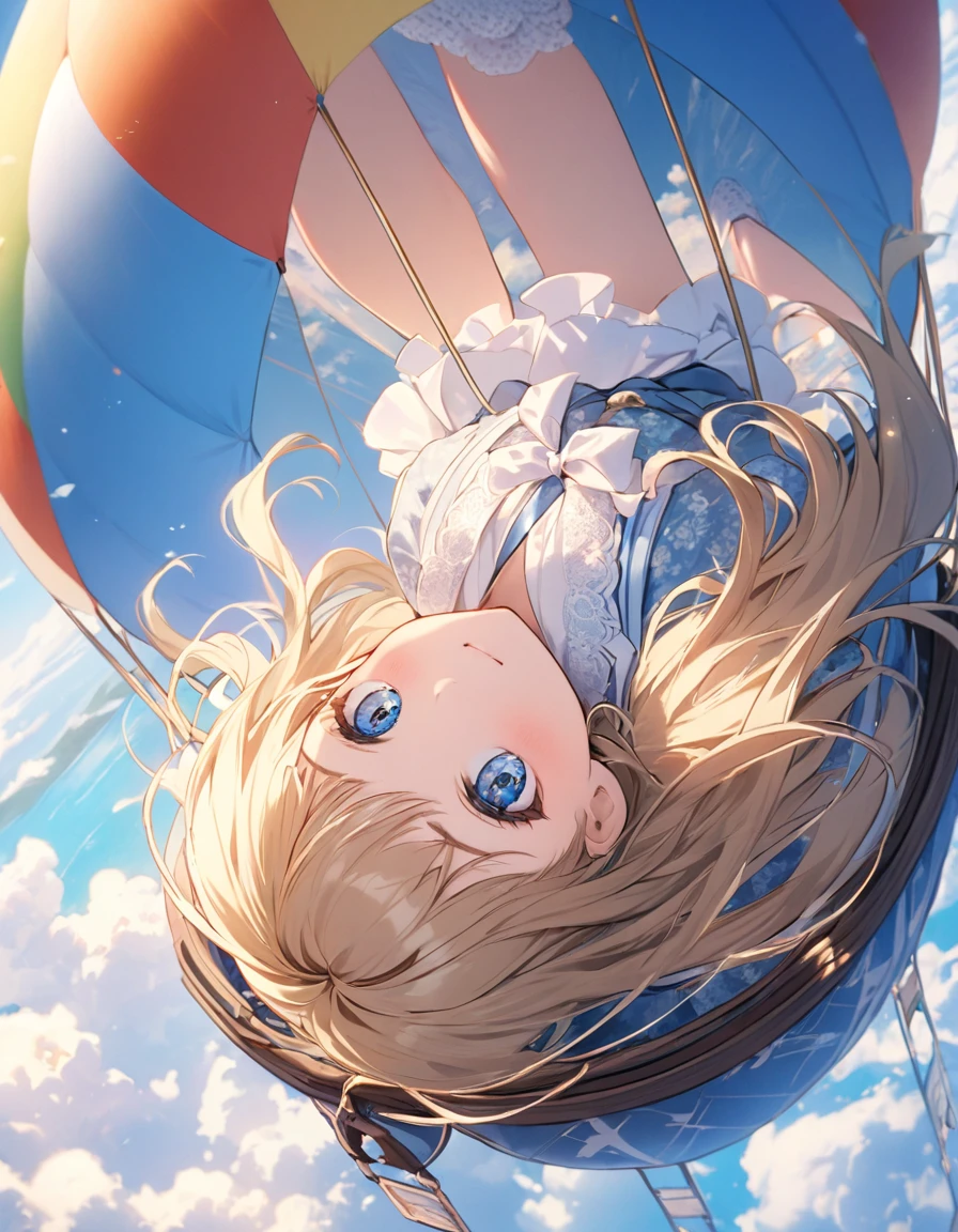 (8K, best quality, master piece: 1.2),super high resolution,1 girl,solo,13yo,in the hot air balloon,ultra-detailed face,detailed eyes,Beige hair,long hair,floating hair,blue eyes,lash extension,happy,floral pattern sailor collar lolita fashionin(Light blue:1.5),overhead shot,in the sky