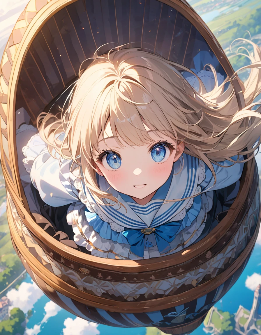 (8K, best quality, master piece: 1.2),super high resolution,1 girl,solo,,in the hot air balloon,ultra-detailed face,detailed eyes,Beige hair,long hair,floating hair,blue eyes,lash extension,happy,floral pattern sailor collar loliashionin(Light blue:1.5),overhead shot,in the sky