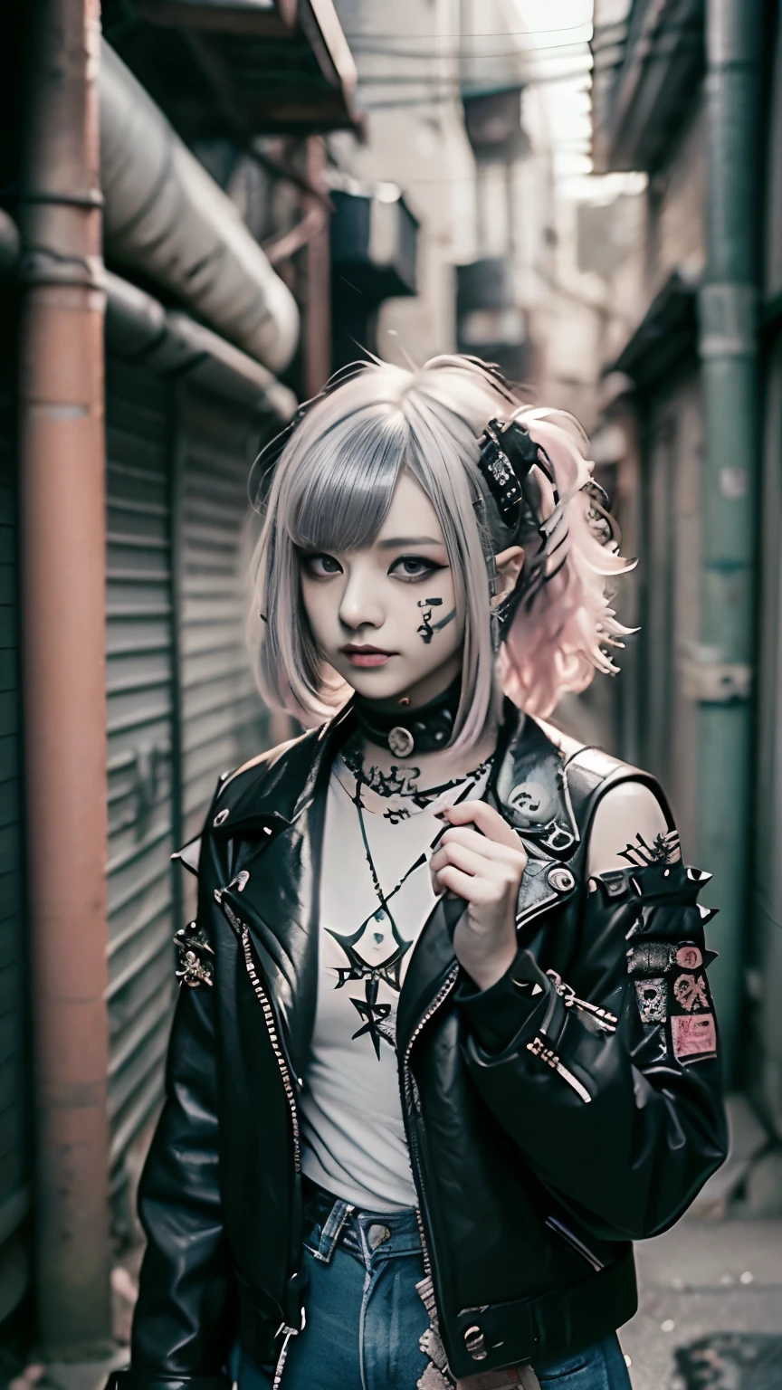 Mohawk、、Goth、(Tabletop), (Portraiture), (beautiful), (beautiful), (Upper blood), (high quality), (beautiful衣服), (Professional Perspective), (Rule of thirds), (feminine), (woman), (beautiful),(feminine features), (Age 25), alone, woman1名, (Attractive punk girl), Winters, Dramatic Light,), anddgy makeup, (Small breasts), , (front), (Resistance的な表情), ((Resistance)), (Leather jackets and tattoos), ((Short hair)), (dyed (and.G. and pink) hair), (spiky hair), (Thick hair), Matte shine hair, (Hair bands scattered in the hair), (Green eyes), (A bold and daring look), (Pale skin), (Dark clothing), (Band T-Shirts), (Ripped jeans), (-), Crew neck), ((Urban alley background)), (Close-up shot), beautiful hands, both hands, Normal hand, Two Arms, Complete Hand, beautiful body, beautiful fingers, Normal finger, Five Fingers, Five Fingers, (Thumb Index Finger Ring Finger), beautiful ears, Normal ear, beautiful eyes, Shining Eyes, beautiful mouth, beautiful lips,