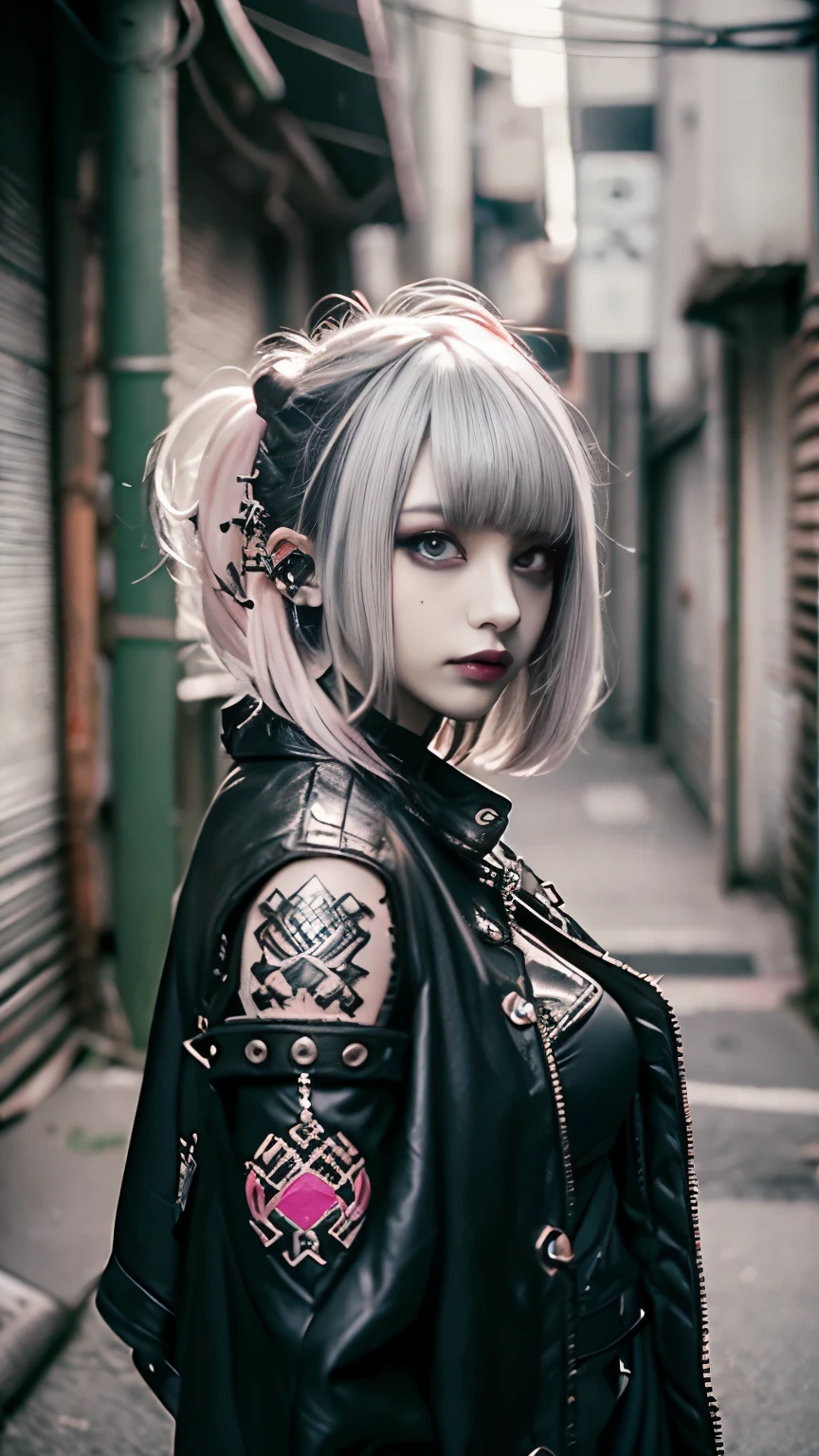 Mohawk、、Goth、(Tabletop), (Portraiture), (beautiful), (beautiful), (Upper blood), (high quality), (beautiful衣服), (Professional Perspective), (Rule of thirds), (feminine), (woman),  (beautiful),(feminine features), (Age 25), alone, woman1名, (Attractive punk girl), Winters, Dramatic Light,), anddgy makeup, (Small breasts), , (front), (Resistance的な表情), ((Resistance)), (Leather jackets and tattoos), ((Short hair)), (dyed (and.G. and pink) hair), (spiky hair), (Thick hair), Matte shine hair, (Hair bands scattered in the hair), (Green eyes), (A bold and daring look), (Pale skin), (Dark clothing), (Band T-Shirts), (Ripped jeans), (-), Crew neck), ((Urban alley background)), (Close-up shot), beautiful hands, both hands, Normal hand, Two Arms, Complete Hand, beautiful body, beautiful fingers, Normal finger, Five Fingers, Five Fingers, (Thumb Index Finger Ring Finger), beautiful ears, Normal ear, beautiful eyes, Shining Eyes, beautiful mouth, beautiful lips,