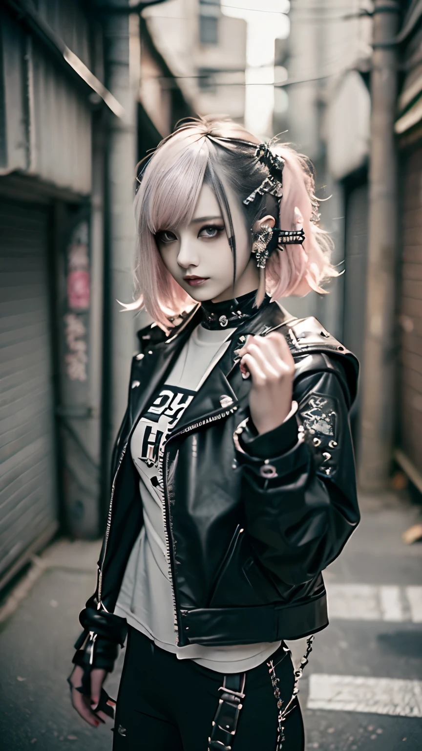 Mohawk、、Goth、(Tabletop), (Portraiture), (beautiful), (beautiful), (Upper blood), (high quality), (beautiful衣服), (Professional Perspective), (Rule of thirds), (feminine), (woman),  (beautiful),(feminine features), (Age 25), alone, woman1名, (Attractive punk girl), Winters, Dramatic Light,), anddgy makeup, (Small breasts), , (front), (Resistance的な表情), ((Resistance)), (Leather jackets and tattoos), ((Short hair)), (dyed (and.G. and pink) hair), (spiky hair), (Thick hair), Matte shine hair, (Hair bands scattered in the hair), (Green eyes), (A bold and daring look), (Pale skin), (Dark clothing), (Band T-Shirts), (Ripped jeans), (-), Crew neck), ((Urban alley background)), (Close-up shot), beautiful hands, both hands, Normal hand, Two Arms, Complete Hand, beautiful body, beautiful fingers, Normal finger, Five Fingers, Five Fingers, (Thumb Index Finger Ring Finger), beautiful ears, Normal ear, beautiful eyes, Shining Eyes, beautiful mouth, beautiful lips,