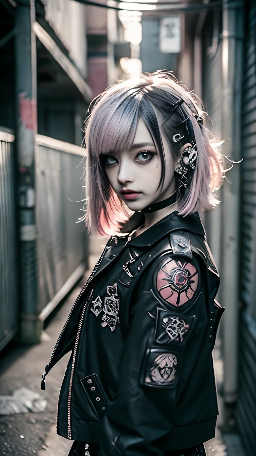 Mohawk、、Goth、(Tabletop), (Portraiture), (beautiful), (beautiful), (Upper blood), (high quality), (beautiful衣服), (Professional Perspective), (Rule of thirds), (feminine), (woman),  (beautiful),(feminine features), (Age 25), alone, woman1名, (Attractive punk girl), Winters, Dramatic Light,), anddgy makeup, (Small breasts), , (front), (Resistance的な表情), ((Resistance)), (Leather jackets and tattoos), ((Short hair)), (dyed (and.G. and pink) hair), (spiky hair), (Thick hair), Matte shine hair, (Hair bands scattered in the hair), (Green eyes), (A bold and daring look), (Pale skin), (Dark clothing), (Band T-Shirts), (Ripped jeans), (-), Crew neck), ((Urban alley background)), (Close-up shot), beautiful hands, both hands, Normal hand, Two Arms, Complete Hand, beautiful body, beautiful fingers, Normal finger, Five Fingers, Five Fingers, (Thumb Index Finger Ring Finger), beautiful ears, Normal ear, beautiful eyes, Shining Eyes, beautiful mouth, beautiful lips,