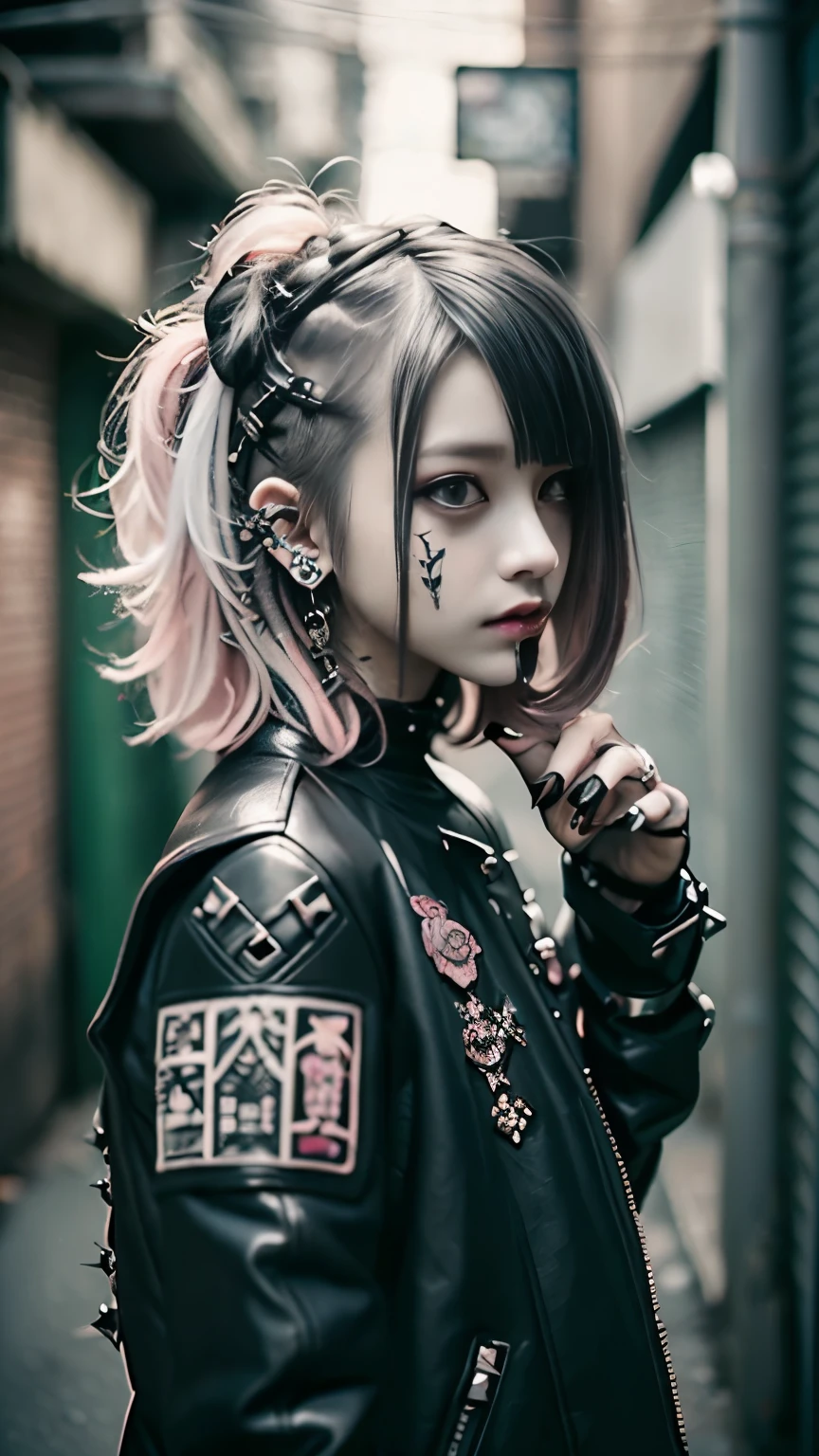 Mohawk、、Goth、(Tabletop), (Portraiture), (beautiful), (beautiful), (Upper blood), (high quality), (beautiful衣服), (Professional Perspective), (Rule of thirds), (feminine), (woman), (beautiful),(feminine features), (Age 25), alone, woman1名, (Attractive punk girl), Winters, Dramatic Light,), anddgy makeup, (Small breasts), , (front), (Resistance的な表情), ((Resistance)), (Leather jackets and tattoos), ((Short hair)), (dyed (and.G. and pink) hair), (spiky hair), (Thick hair), Matte shine hair, (Hair bands scattered in the hair), (Green eyes), (A bold and daring look), (Pale skin), (Dark clothing), (Band T-Shirts), (Ripped jeans), (-), Crew neck), ((Urban alley background)), (Close-up shot), beautiful hands, both hands, Normal hand, Two Arms, Complete Hand, beautiful body, beautiful fingers, Normal finger, Five Fingers, Five Fingers, (Thumb Index Finger Ring Finger), beautiful ears, Normal ear, beautiful eyes, Shining Eyes, beautiful mouth, beautiful lips,